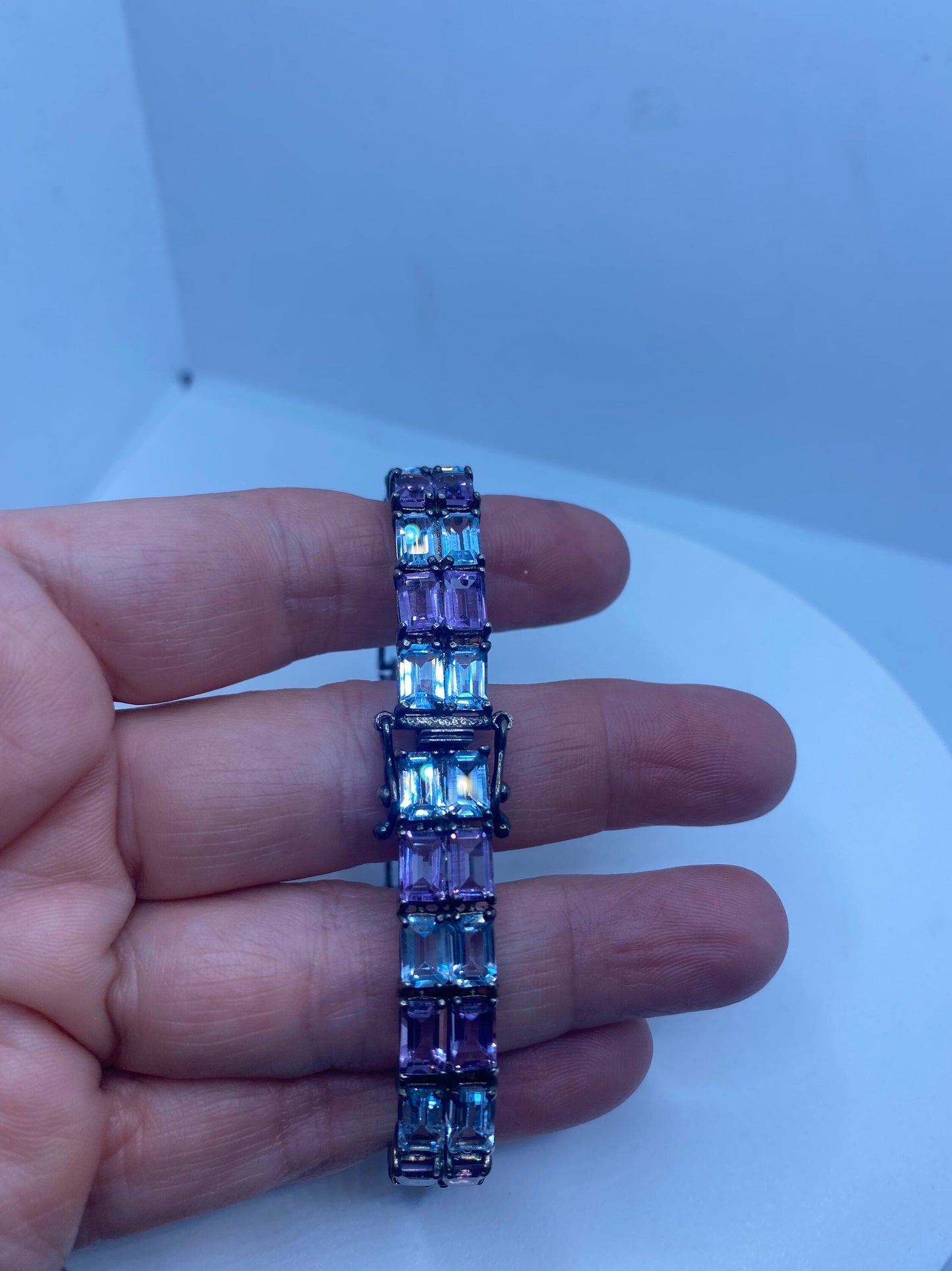 Vintage Amethyst Blue Topaz 925 Sterling Silver Tennis Bracelet