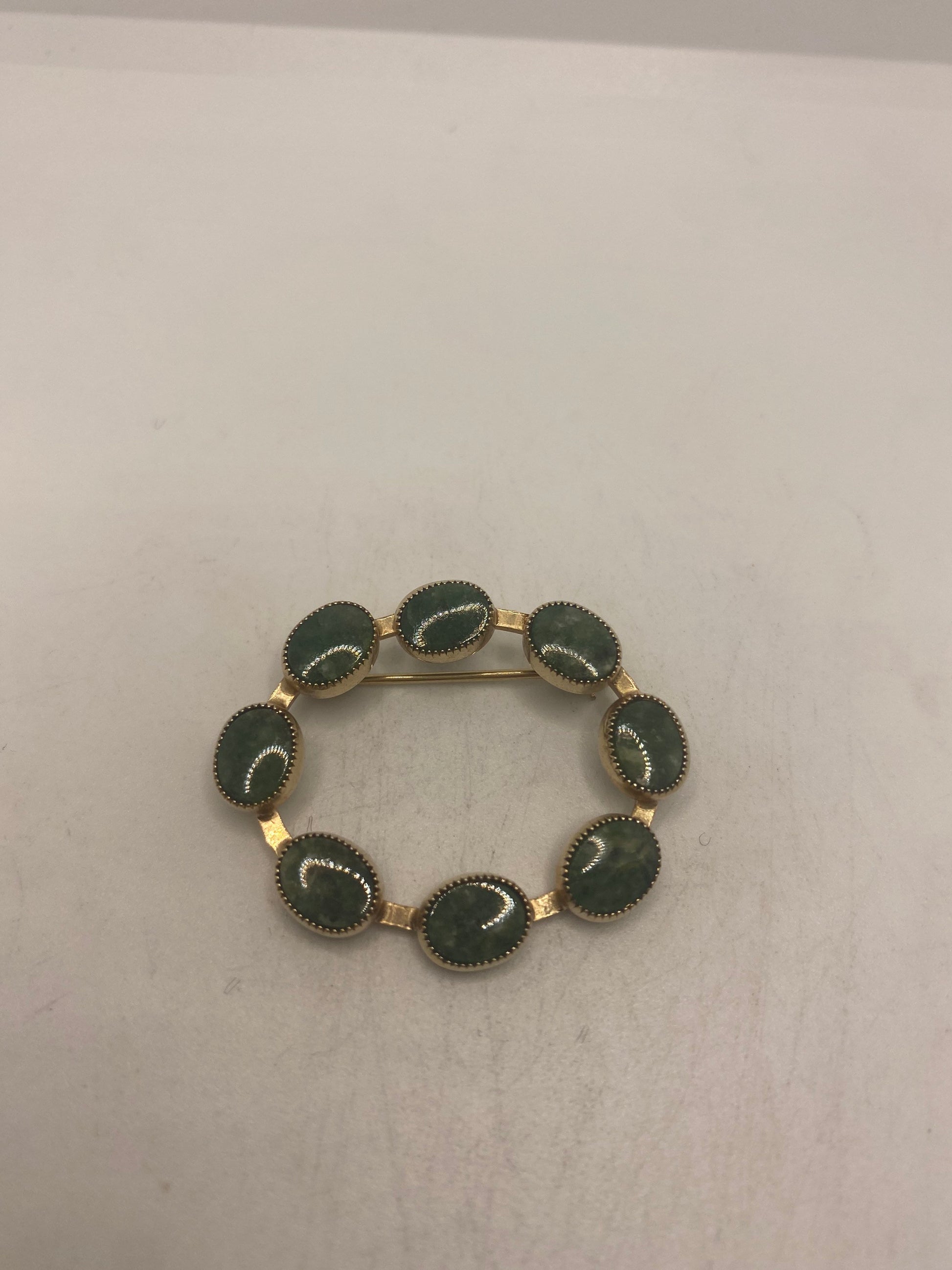 Vintage Green Jade Yellow Gold Filled Brooch Pin
