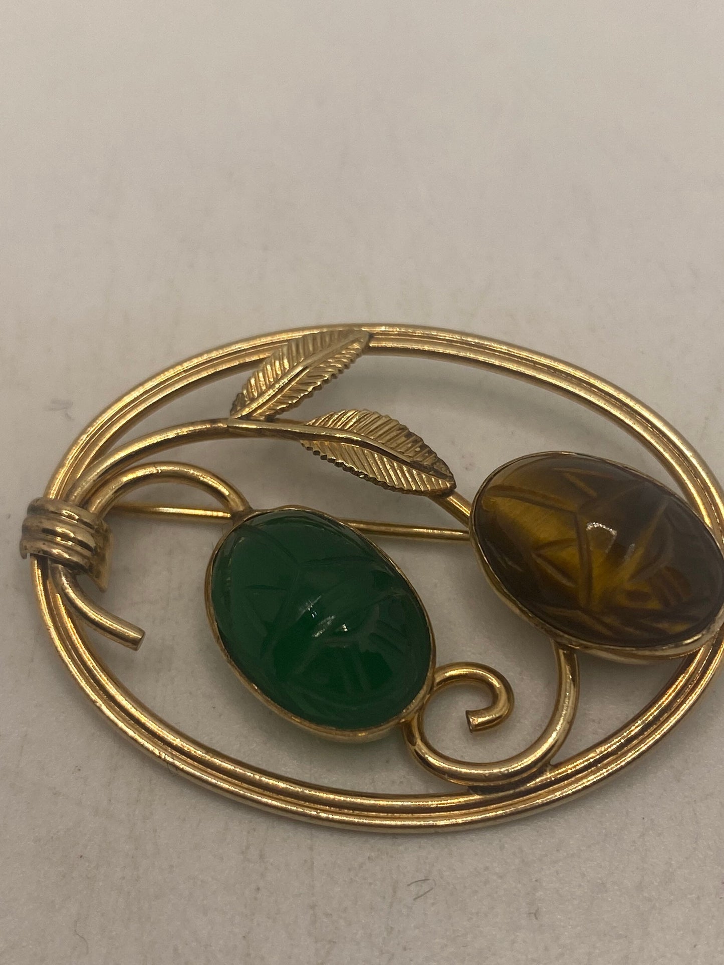 Vintage Scarab Carved Yellow Gold Filled Brooch Pin
