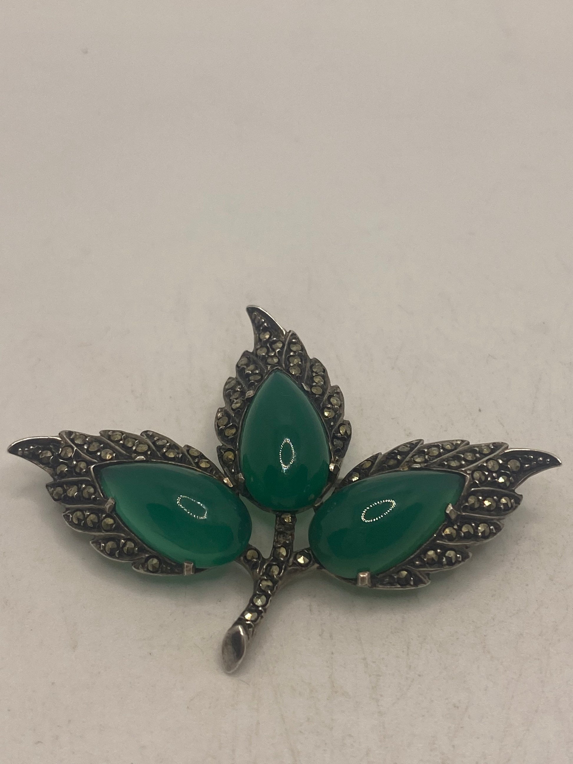 Vintage Green Onyx Pin Marcasite 925 Sterling Silver Brooch
