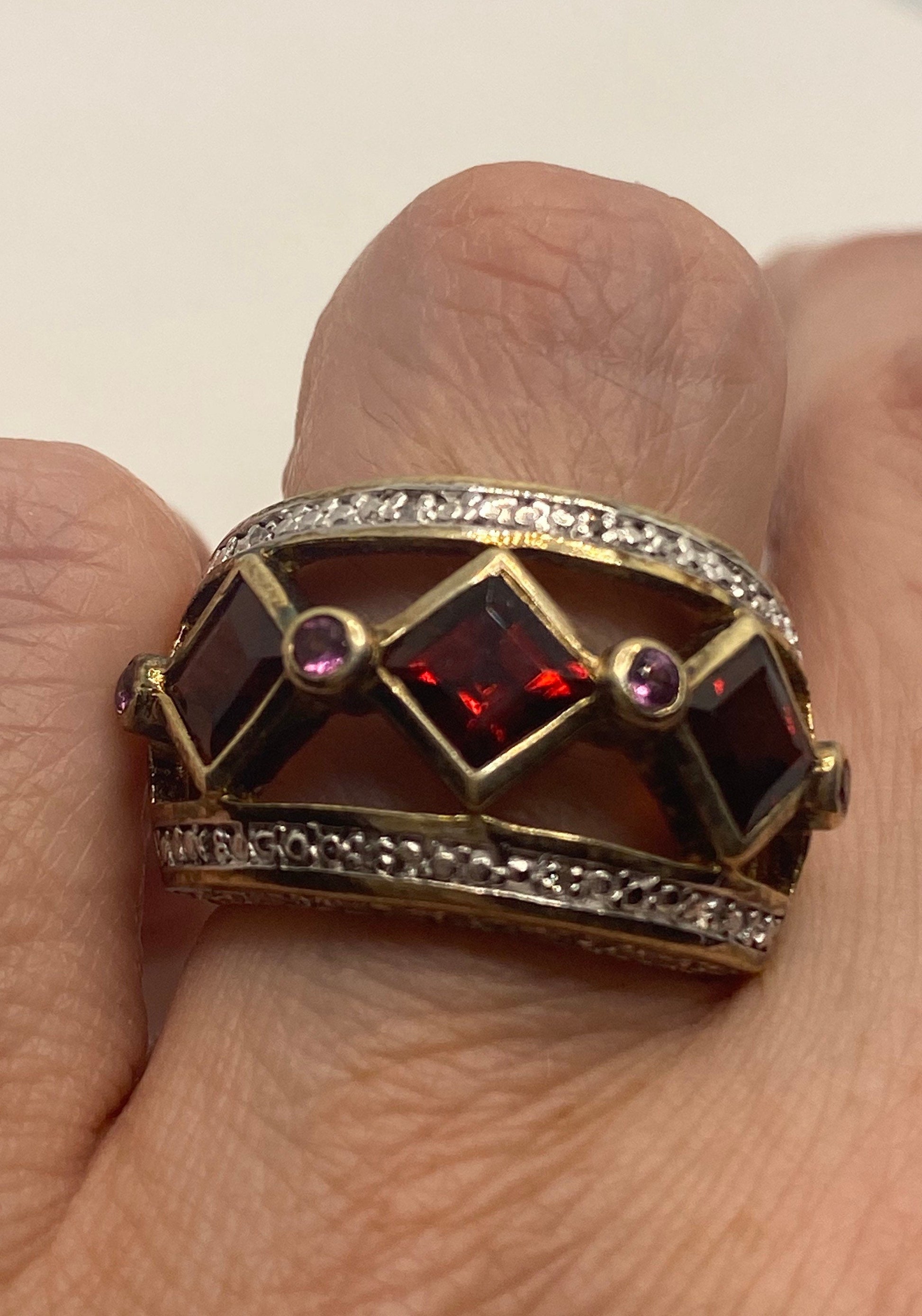 Vintage Red Bohemian Garnet Ring Golden 925 Sterling Silver Cocktail Statement