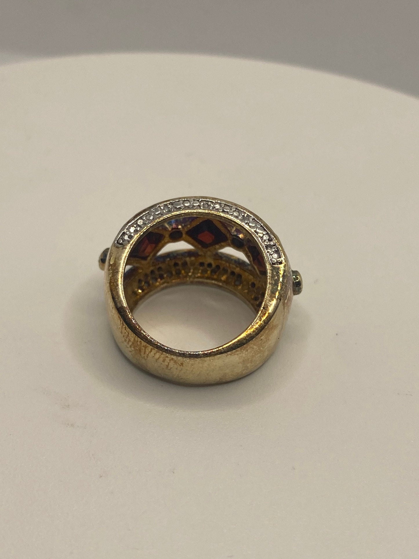 Vintage Red Bohemian Garnet Ring Golden 925 Sterling Silver Cocktail Statement