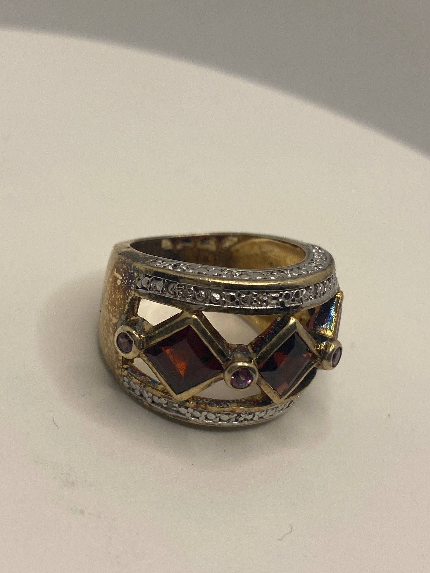 Vintage Red Bohemian Garnet Ring Golden 925 Sterling Silver Cocktail Statement