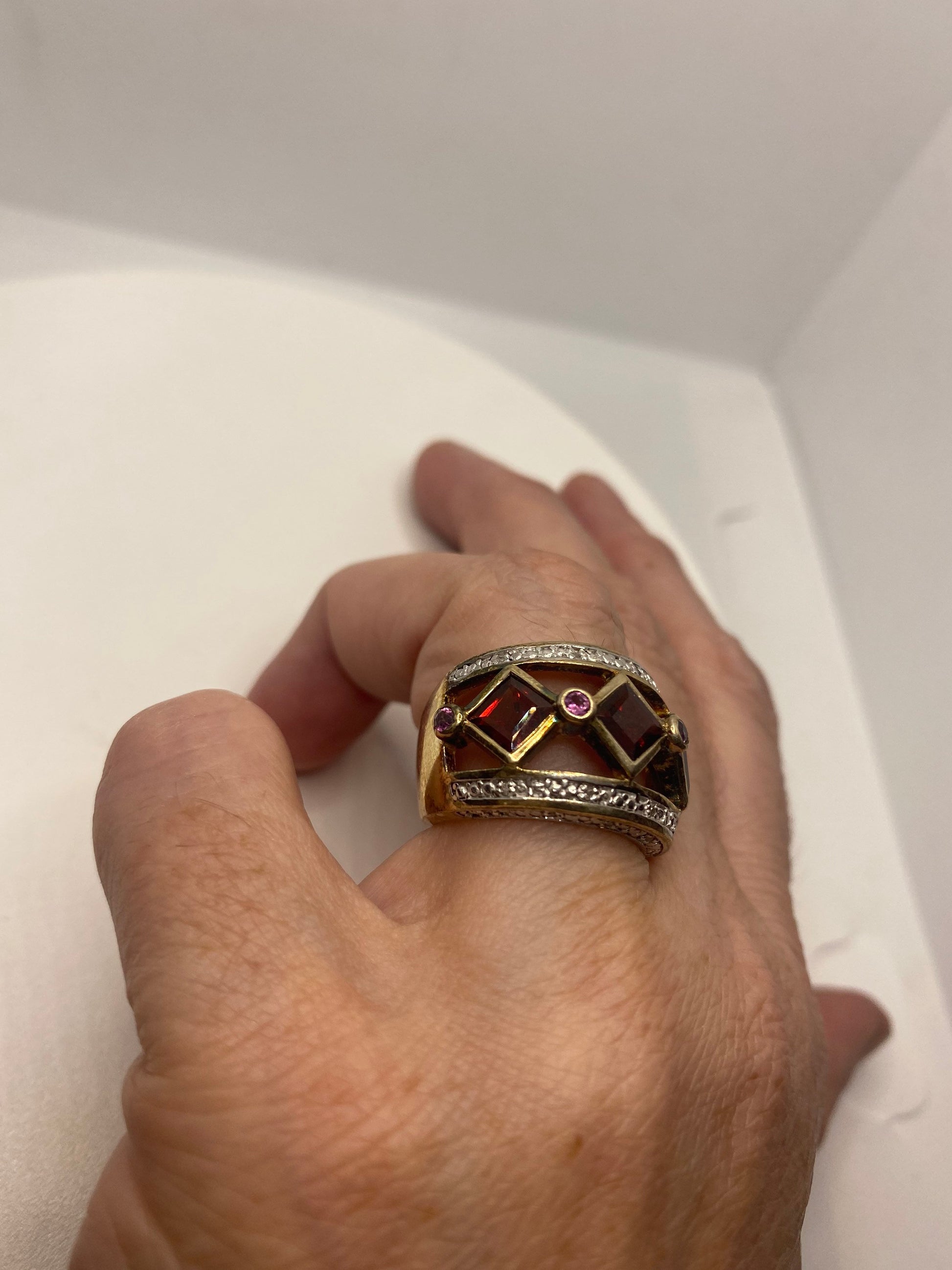 Vintage Red Bohemian Garnet Ring Golden 925 Sterling Silver Cocktail Statement