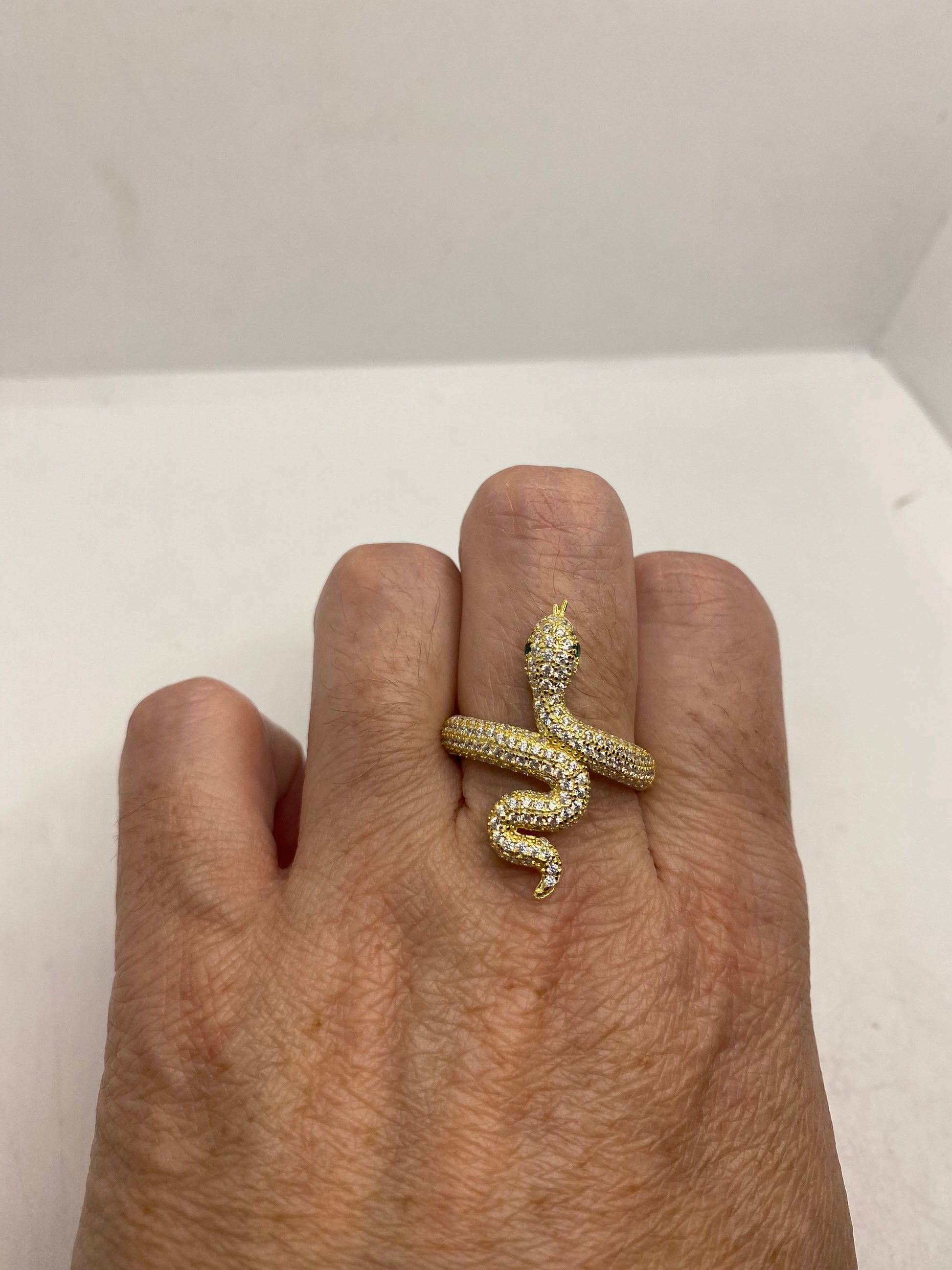 Vintage Snake Ring Golden Sterling Silver Crystal Cocktail Ring