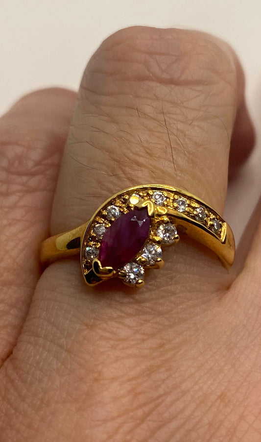 Vintage Pink Ruby Golden 925 Sterling Silver Band Ring