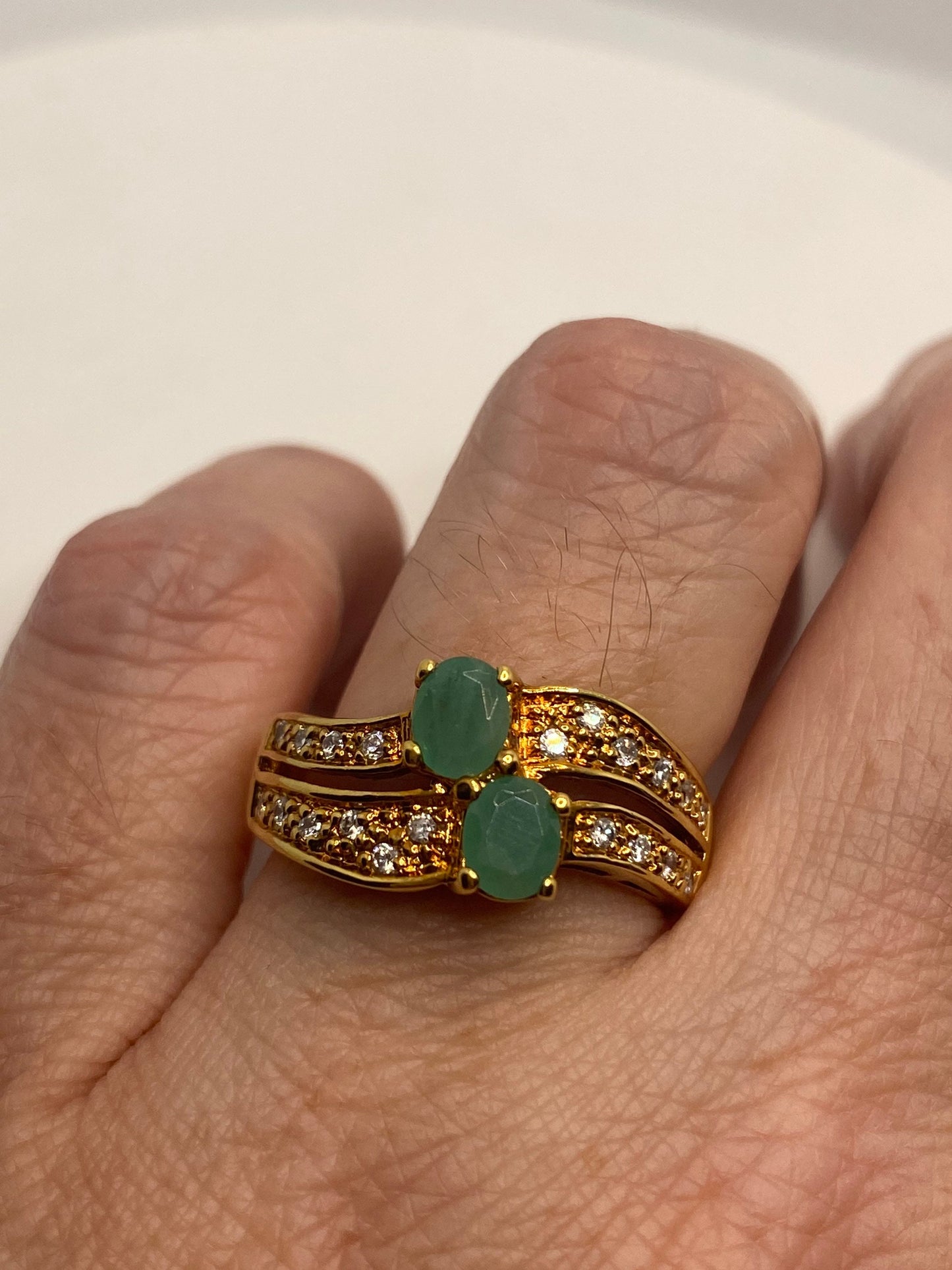 Vintage Green Emerald Golden 925 Sterling Silver Cocktail Ring