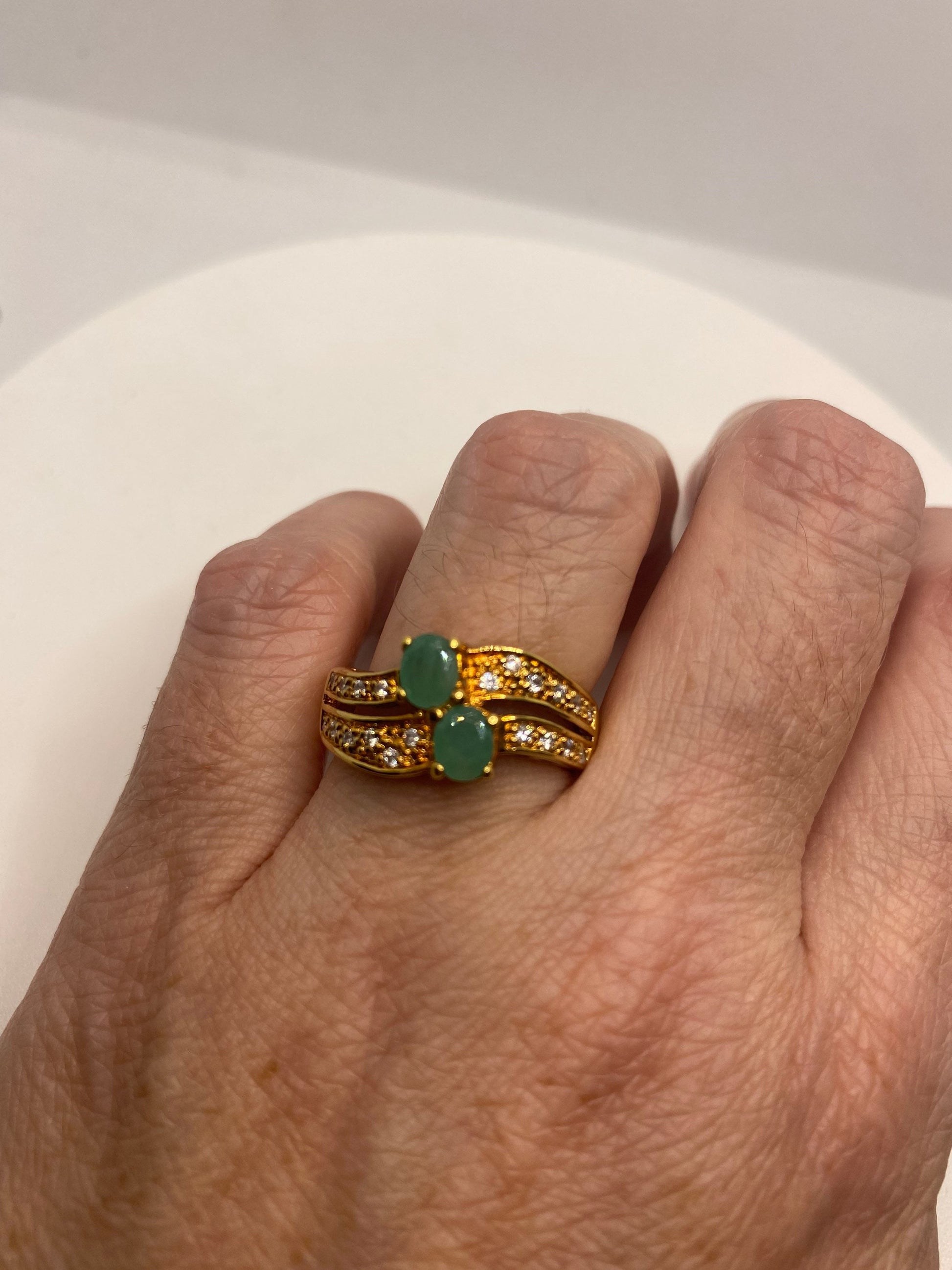 Vintage Green Emerald Golden 925 Sterling Silver Cocktail Ring