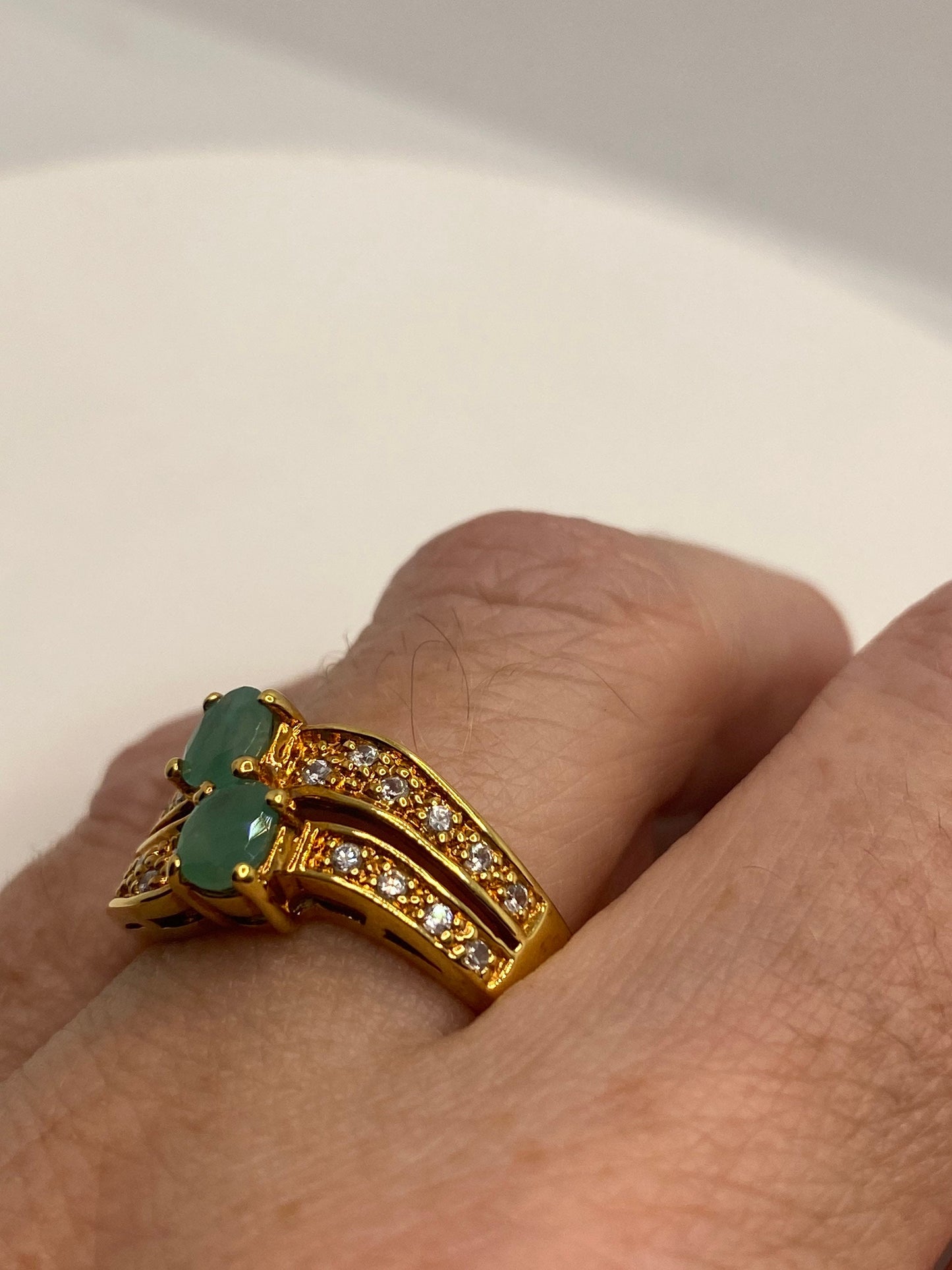 Vintage Green Emerald Golden 925 Sterling Silver Cocktail Ring