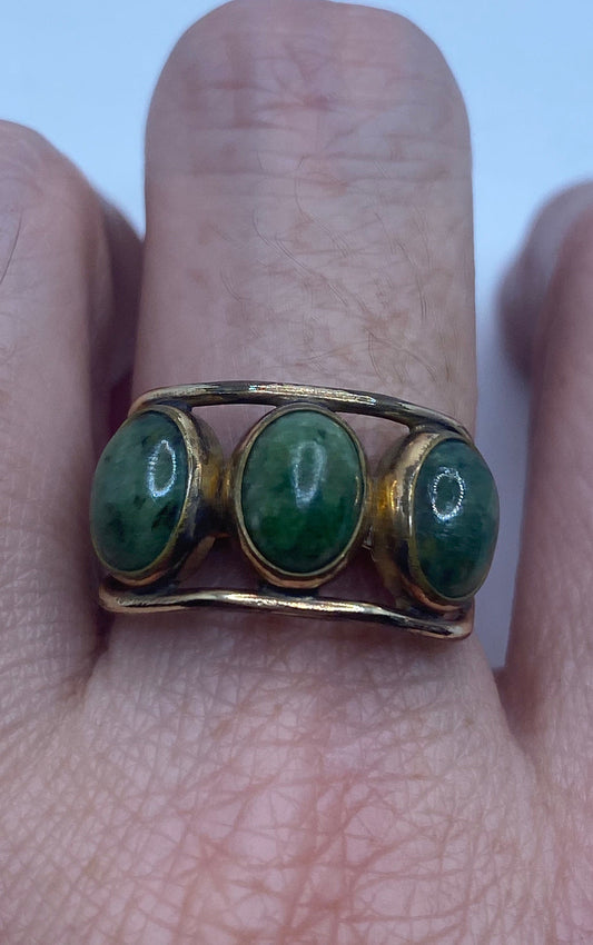 Vintage Lucky Green Nephrite Jade Ring Gold Filled
