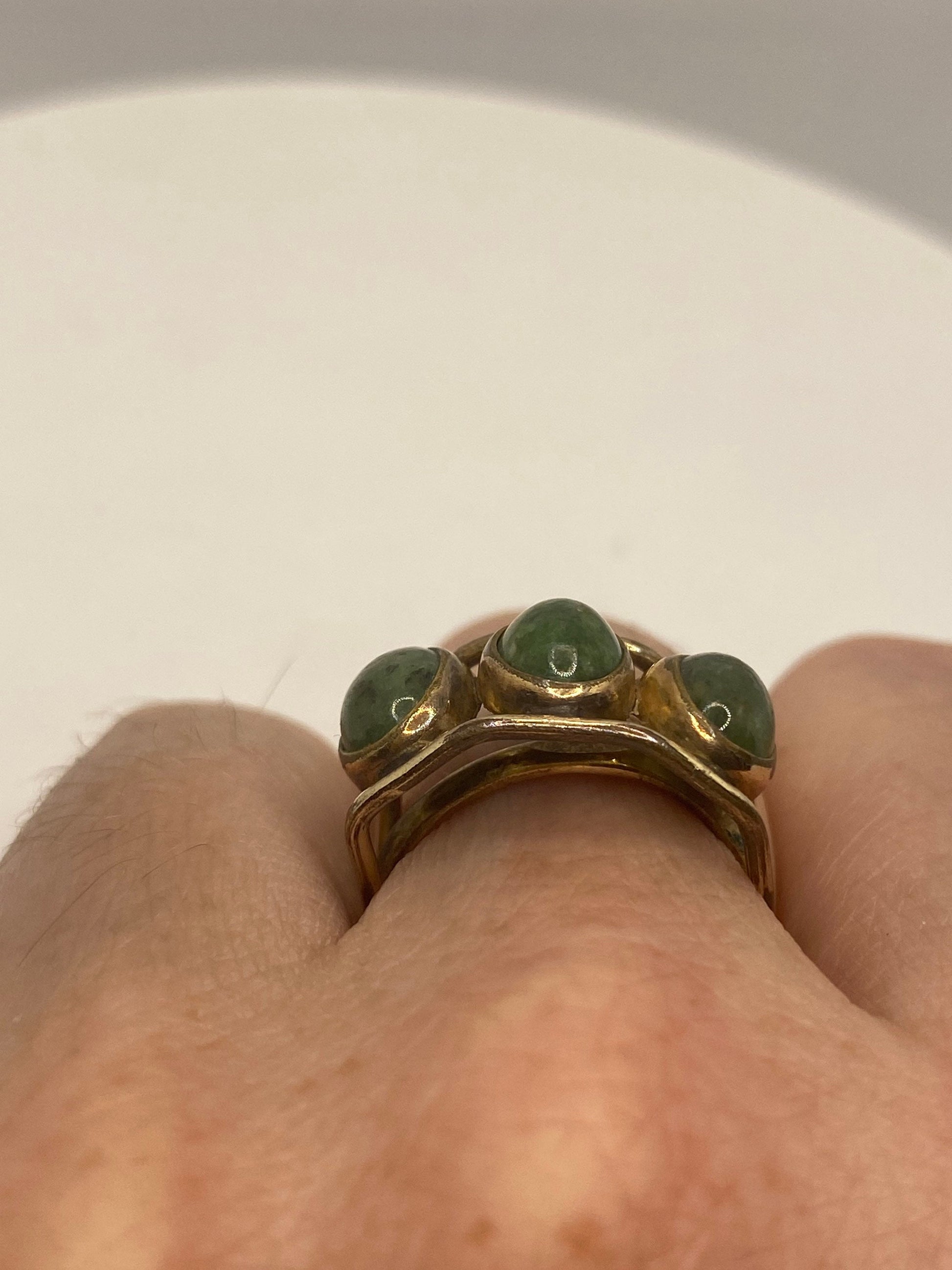 Vintage Lucky Green Nephrite Jade Ring Gold Filled