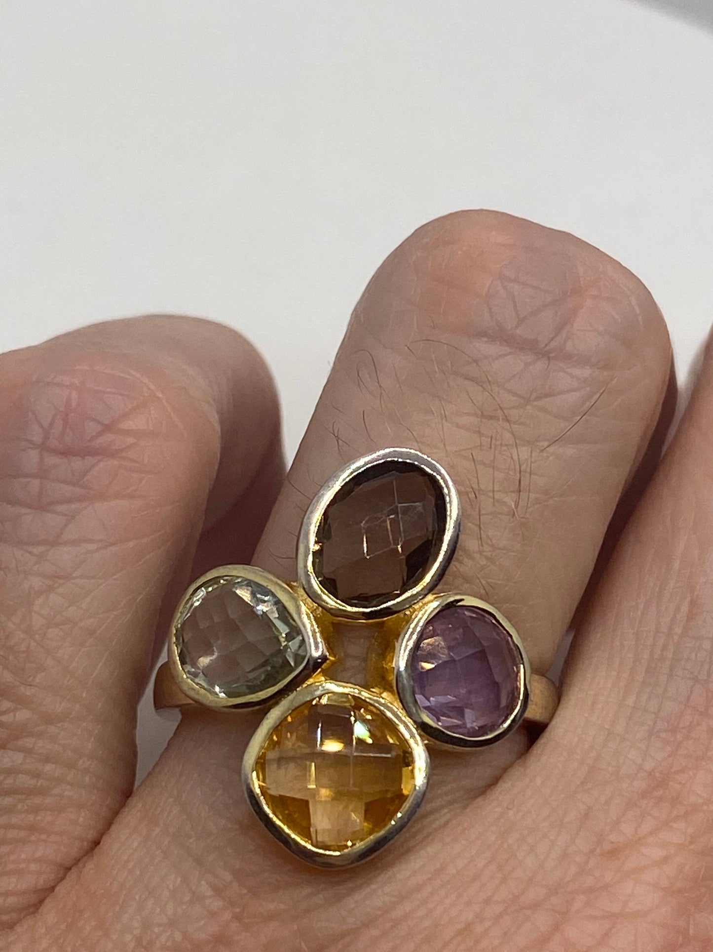 Vintage Citrine Smoky Topaz Green and Purple Amethyst 925 Sterling Silver Ring