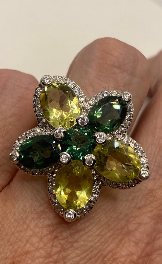 Vintage Lemon Quartz Green Tourmaline and White Sapphire 925 Sterling Silver Flower Cocktail Ring