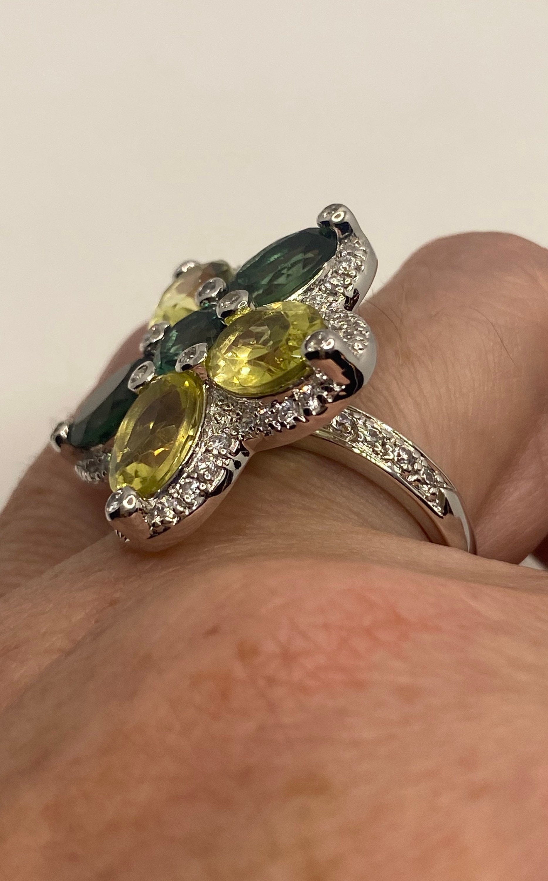 Vintage Lemon Quartz Green Tourmaline and White Sapphire 925 Sterling Silver Flower Cocktail Ring