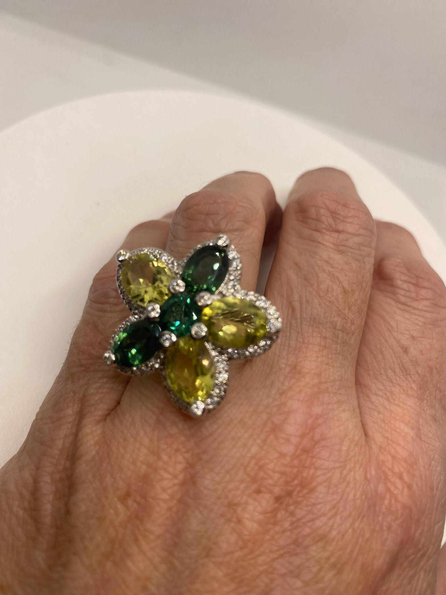 Vintage Lemon Quartz Green Tourmaline and White Sapphire 925 Sterling Silver Flower Cocktail Ring