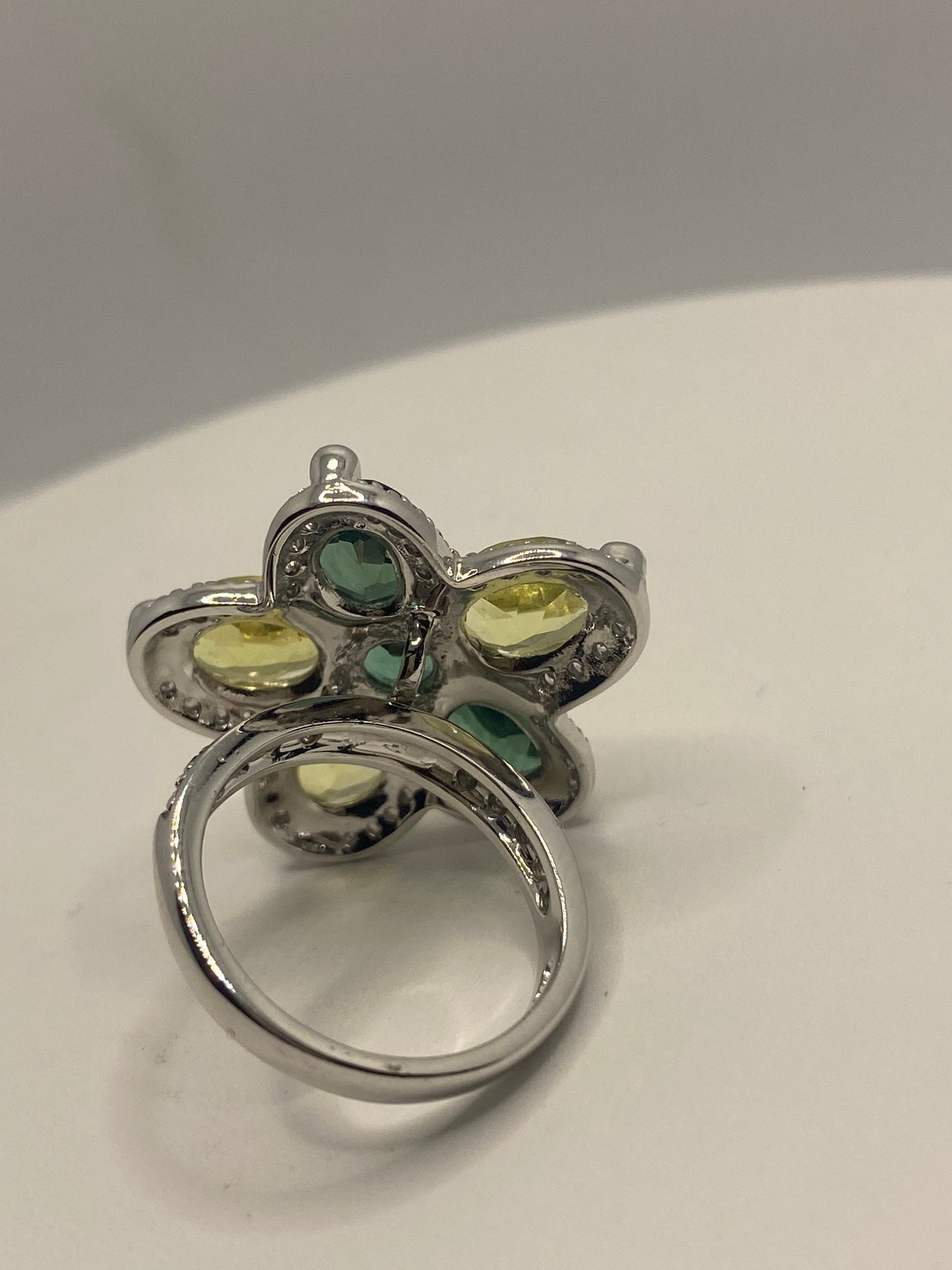 Vintage Lemon Quartz Green Tourmaline and White Sapphire 925 Sterling Silver Flower Cocktail Ring