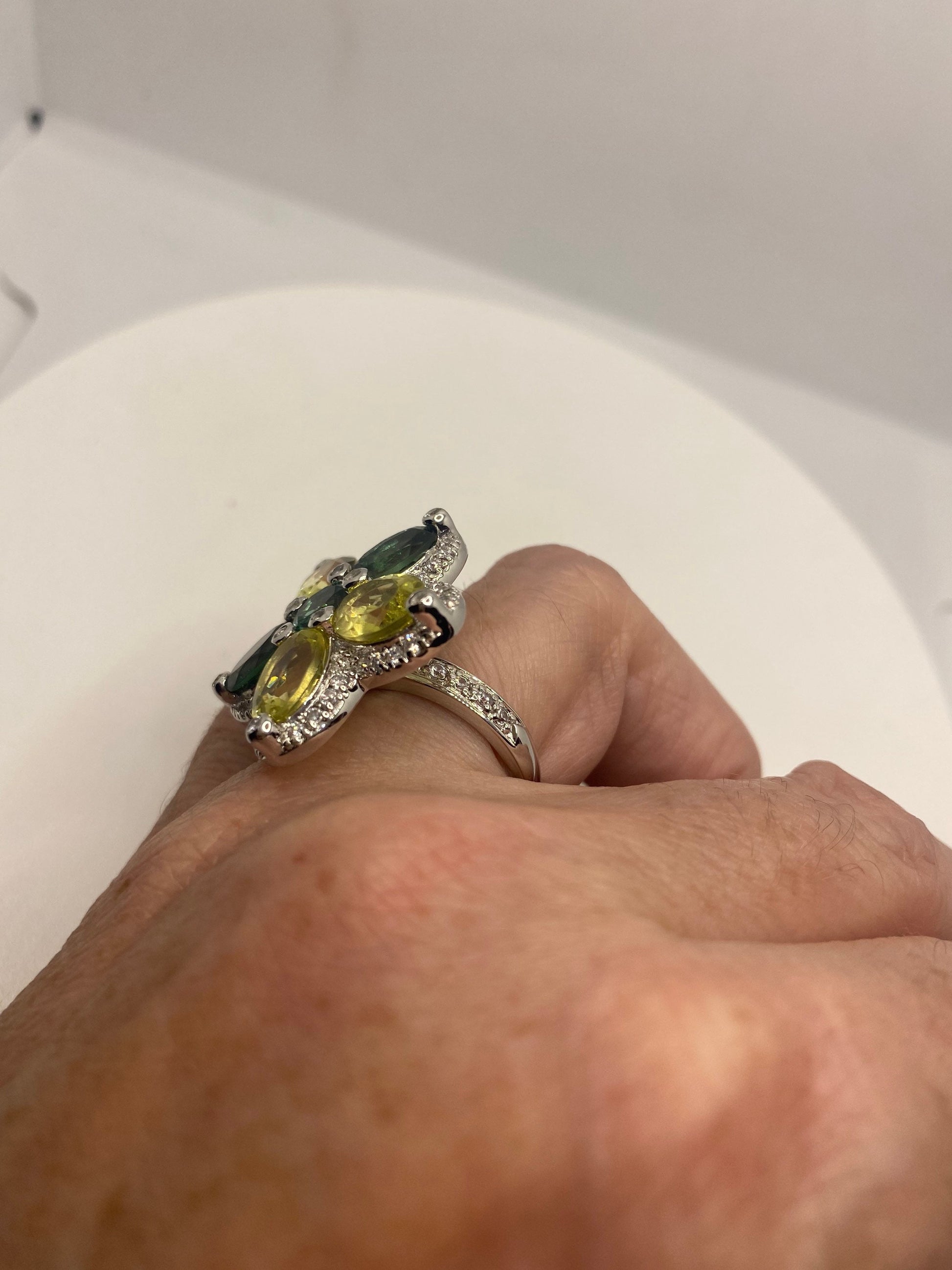 Vintage Lemon Quartz Green Tourmaline and White Sapphire 925 Sterling Silver Flower Cocktail Ring