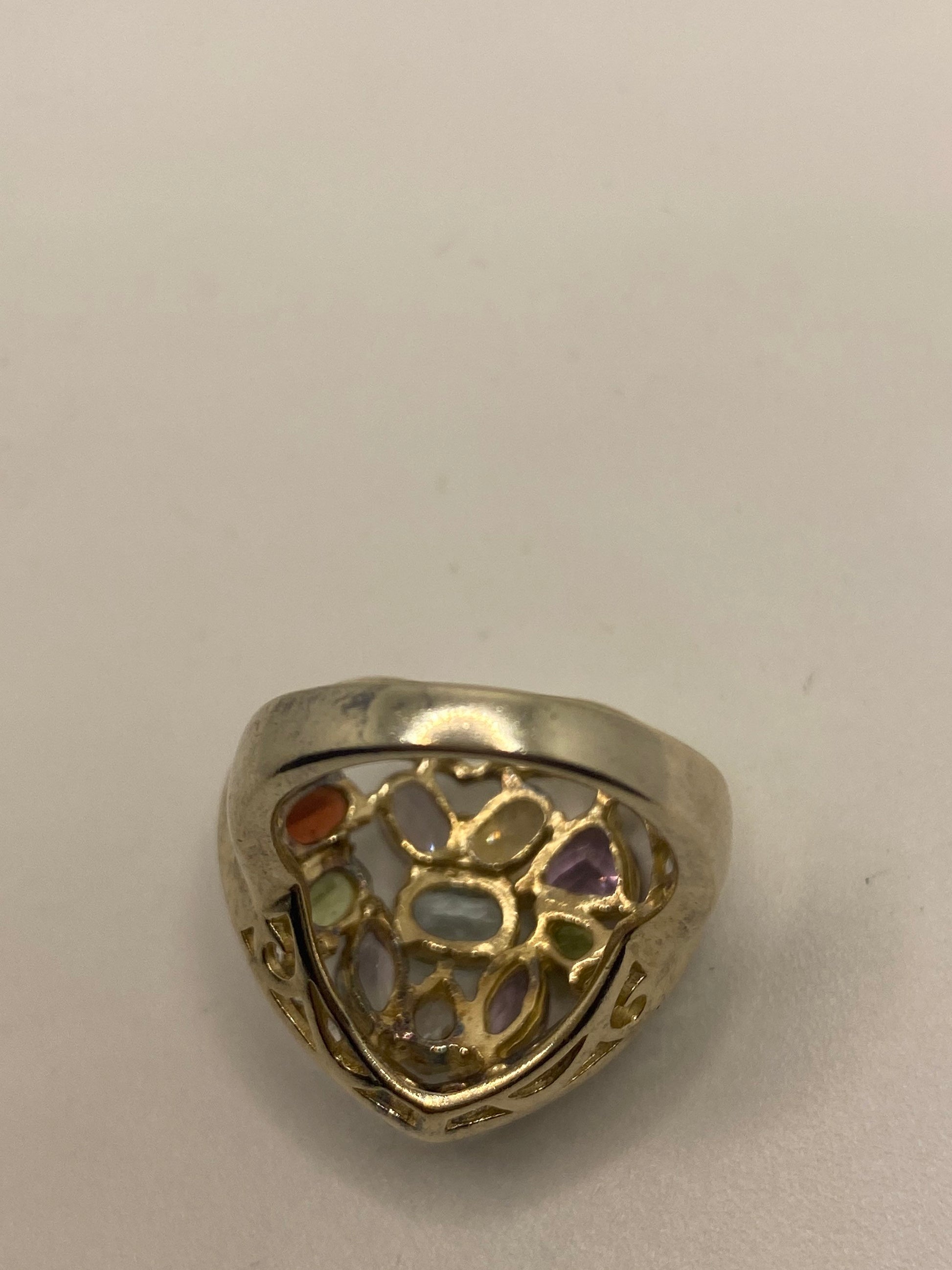 Vintage Mixed Genuine Gemstones 925 Sterling Silver Heart Cocktail Ring