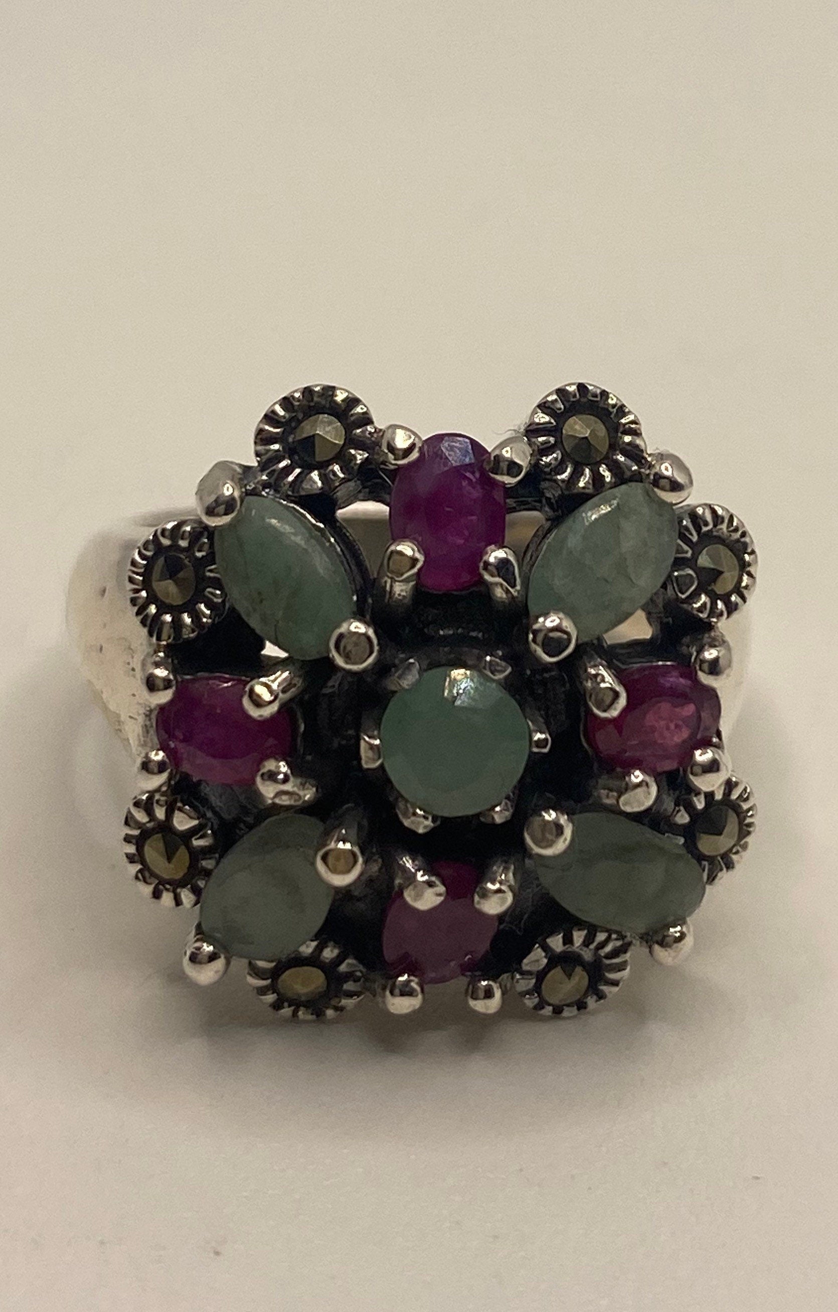 Vintage Green Emerald deals Ruby Marcasite 925 Sterling Silver Cocktail Ring