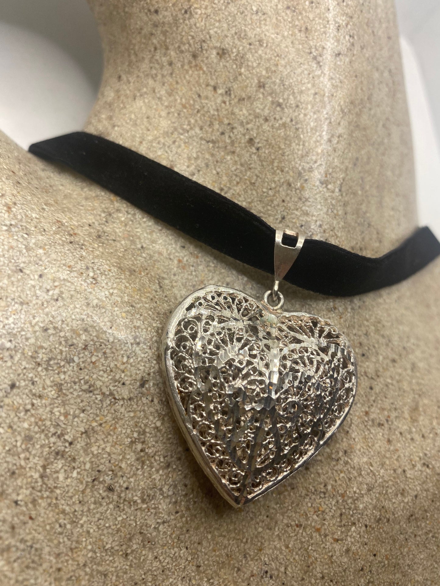 Vintage Heart Choker 925 Sterling Silver Pendant Necklace
