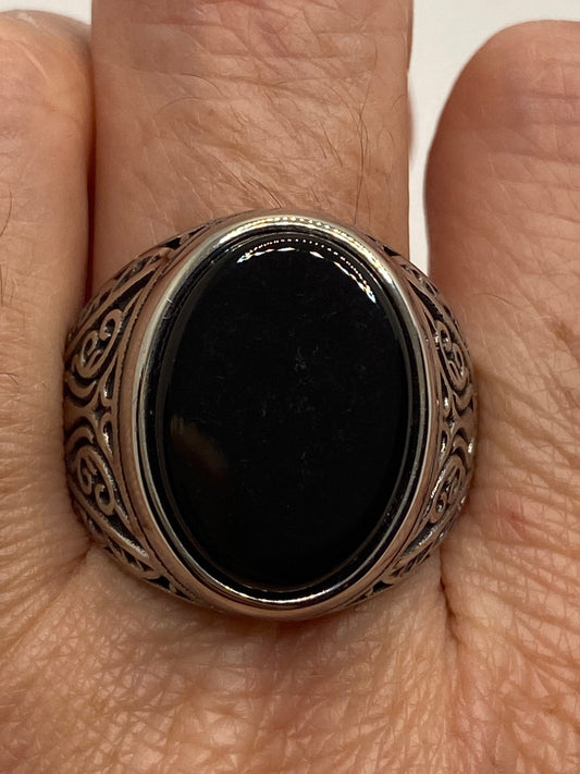 Vintage Stainless Steel Black Onyx Ring Size 11