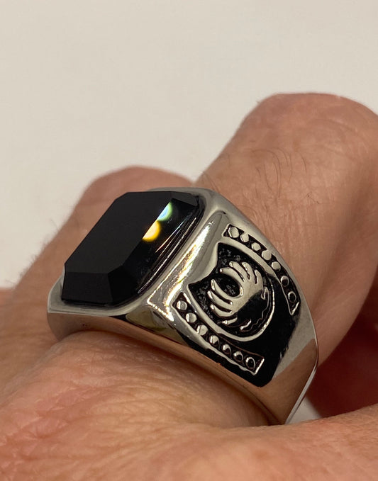 Vintage Stainless Steel Black Onyx Ring Size 8
