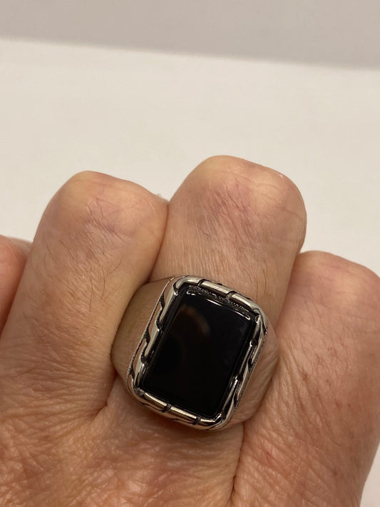 Vintage Stainless Steel Black Onyx Ring Size 7