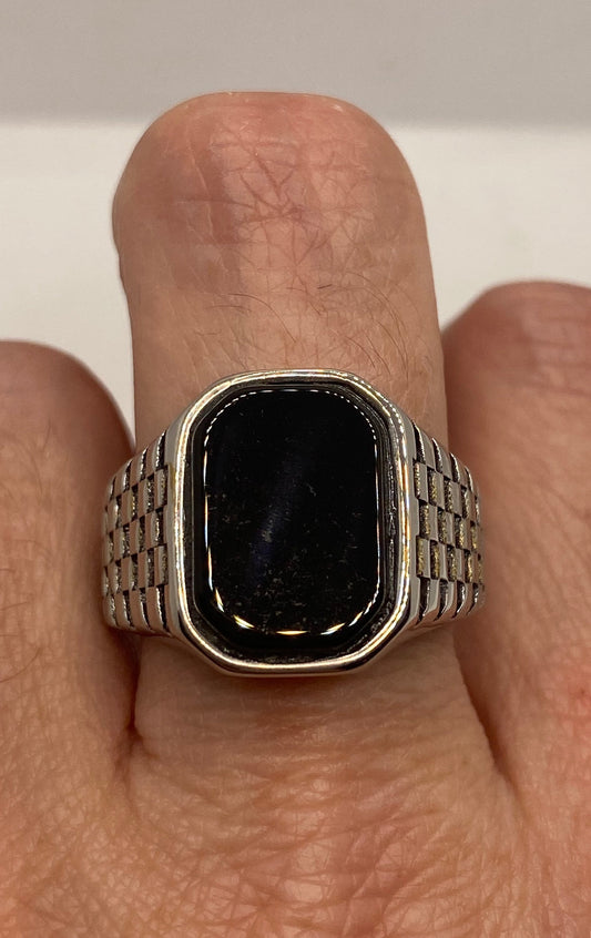 Vintage Stainless Steel Black Onyx Ring Size 9