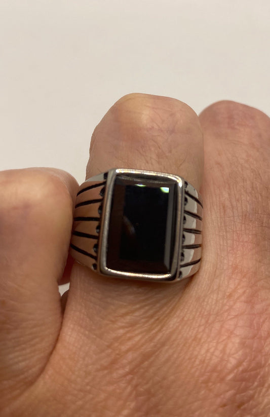 Vintage Stainless Steel Black Onyx Ring Size 7