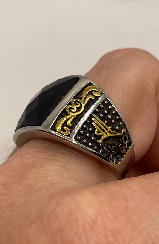 Vintage Stainless Steel Black Onyx Ring Size 9