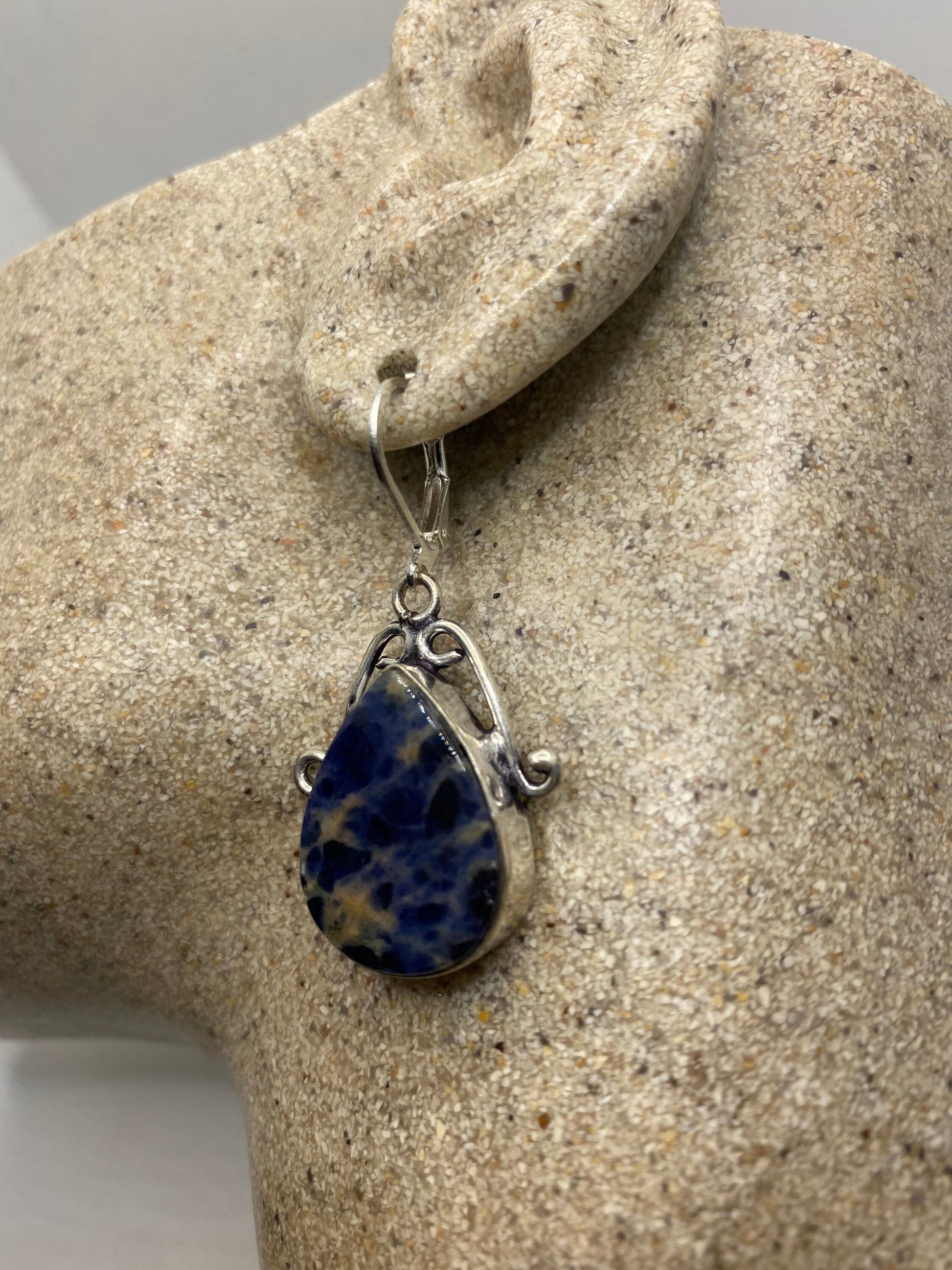 Vintage Blue Lapis Lazuli Earrings Silver Dangle