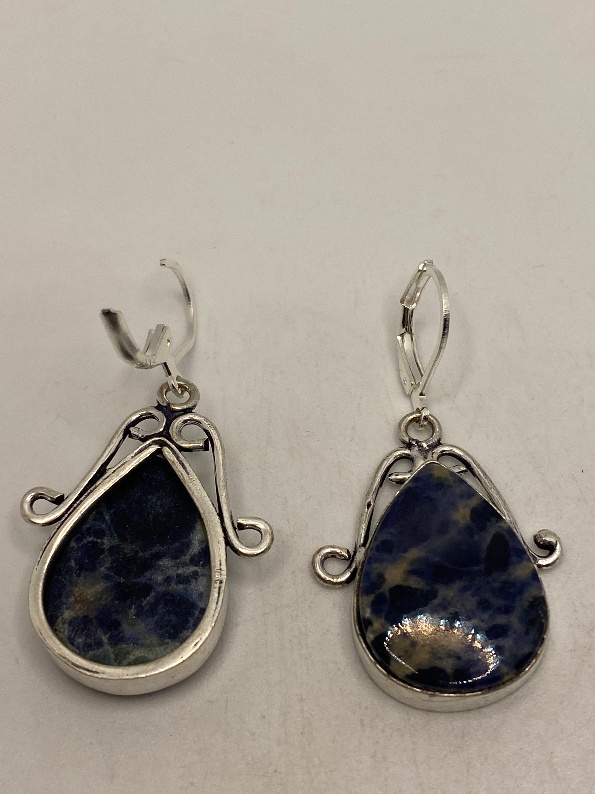 Vintage Blue Lapis Lazuli Earrings Silver Dangle