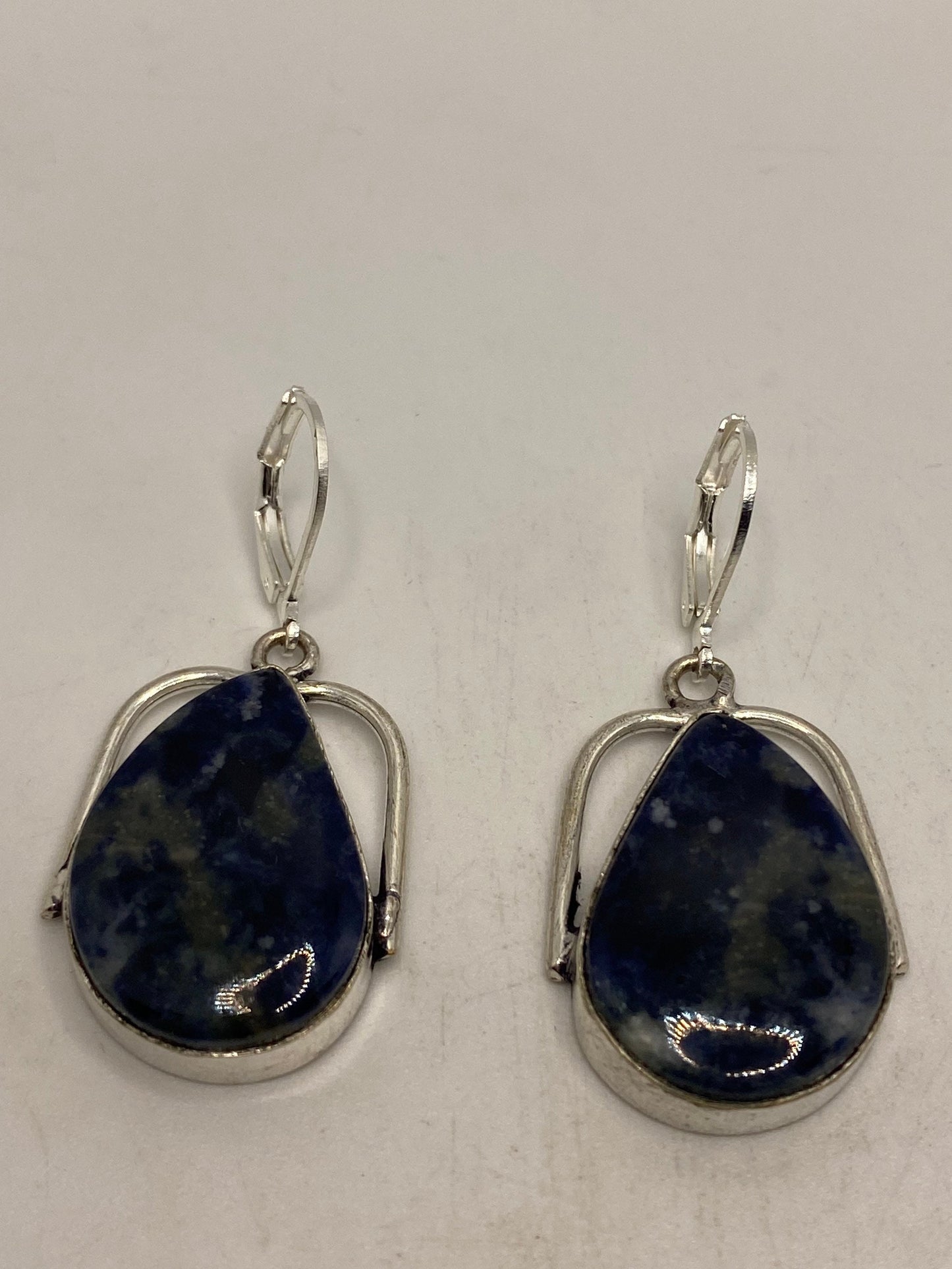 Vintage Blue Lapis Lazuli Earrings Silver Dangle