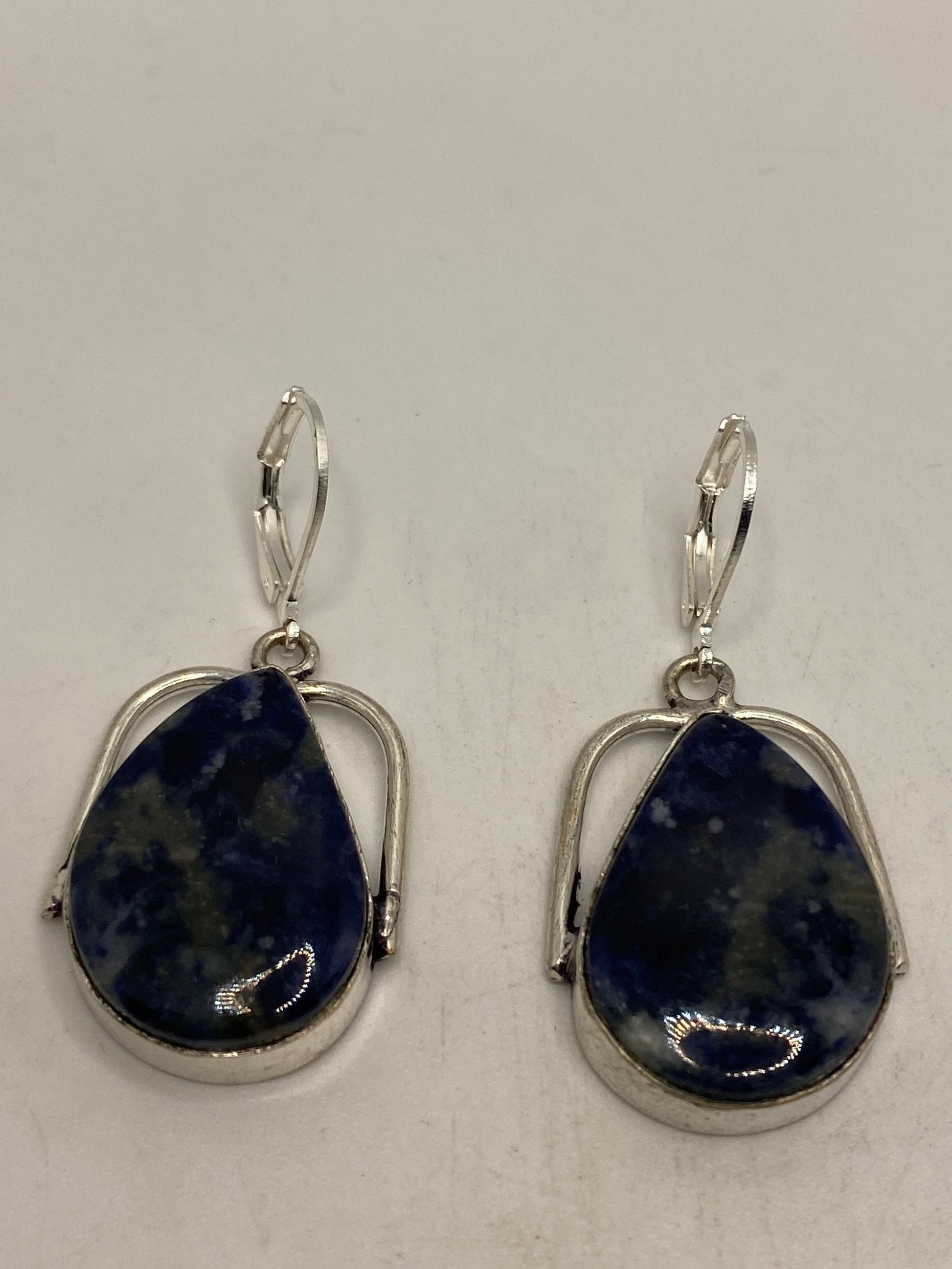 Vintage Blue Lapis Lazuli Earrings Silver Dangle