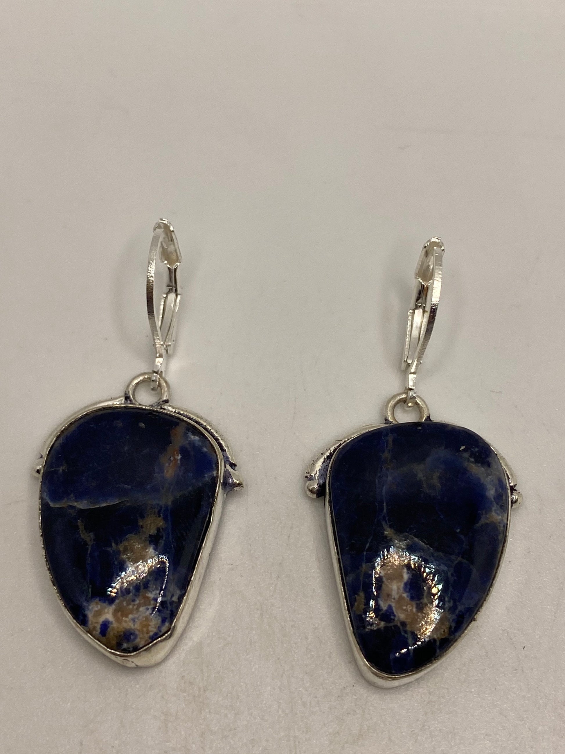 Vintage Blue Lapis Lazuli Earrings Silver Dangle