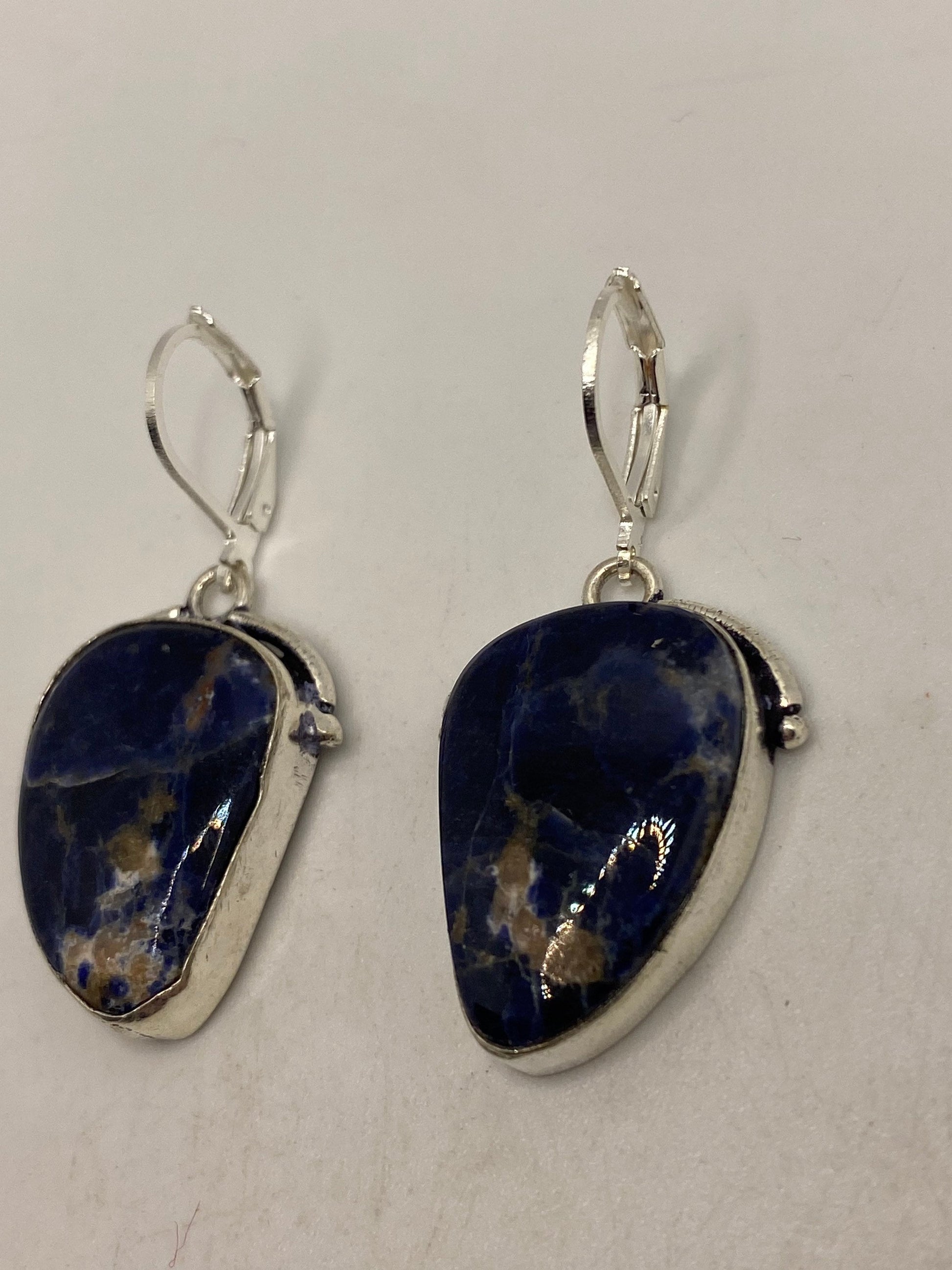 Vintage Blue Lapis Lazuli Earrings Silver Dangle