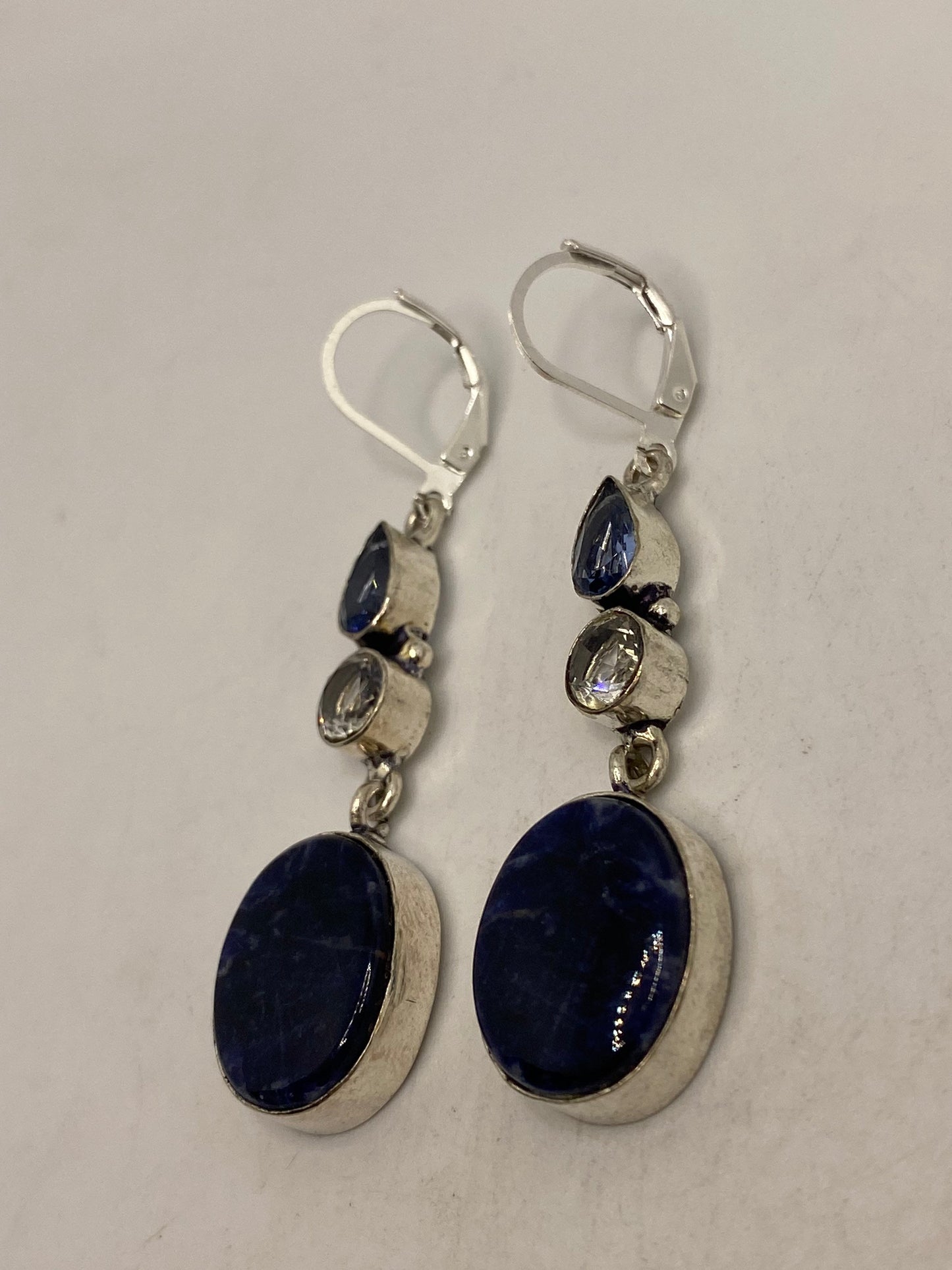 Vintage Blue Lapis Lazuli Iolite Earrings Silver Dangle