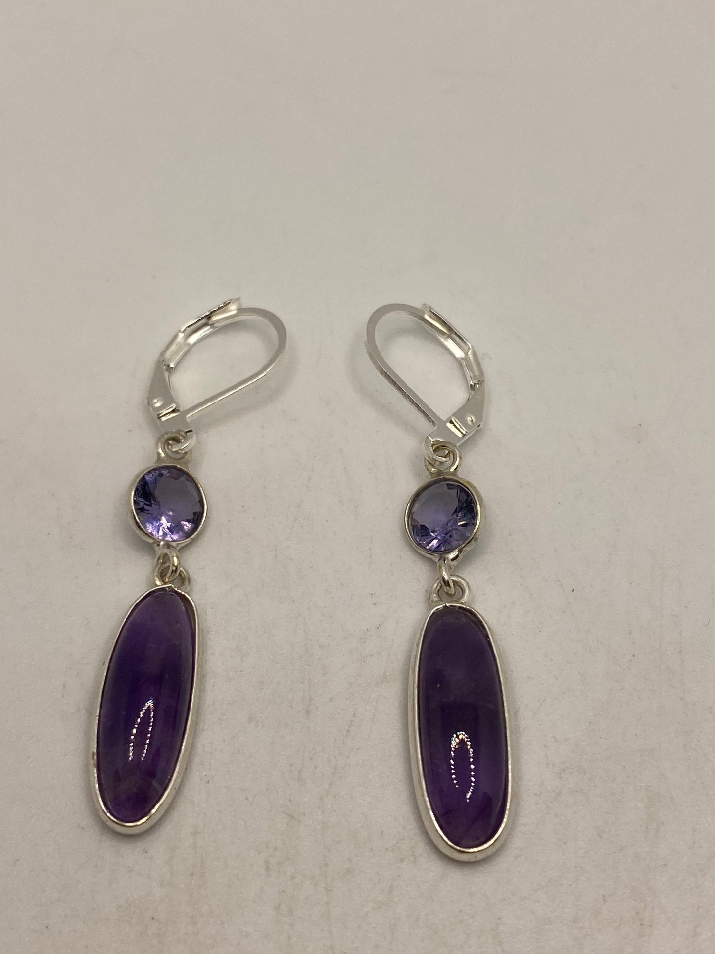 Vintage Purple Amethyst Earrings 925 Sterling Silver Leverback