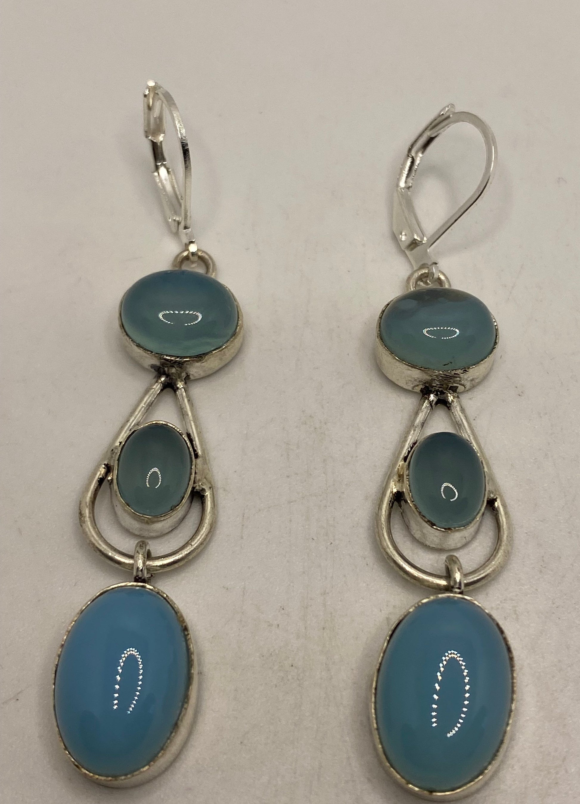 Vintage Blue Chalcedony Earrings Silver Dangle