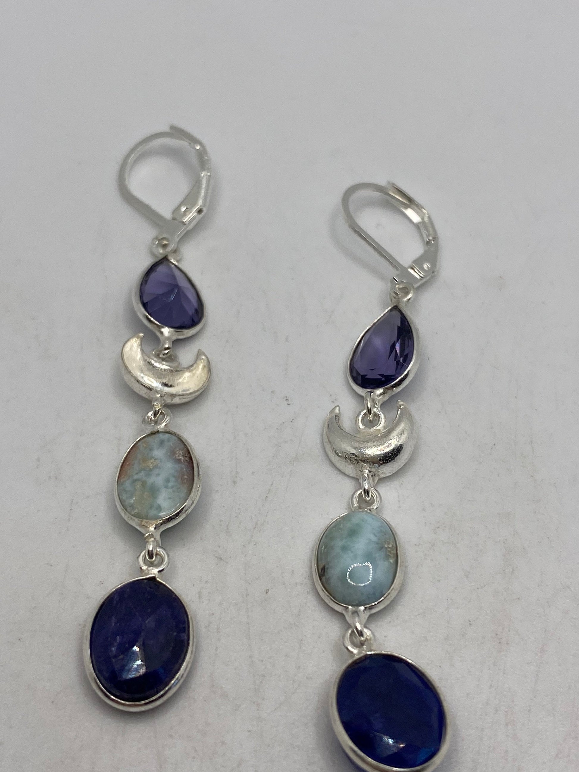 Vintage Sterling Silver Blue Sapphire Iolite Turquoise Larimar Earrings