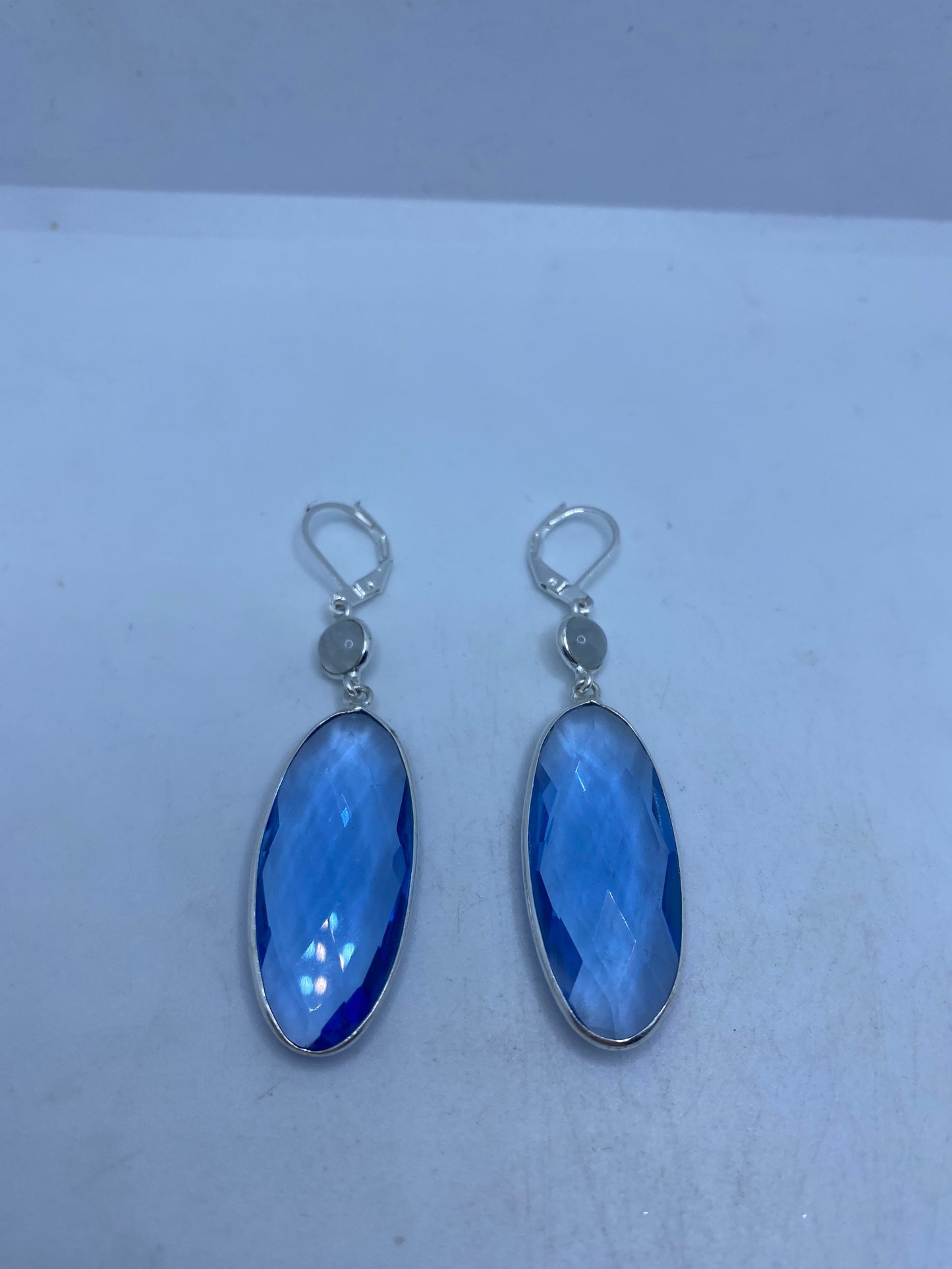 Antique Vintage Aqua Blue Volcanic Glass Silver Dangle Earrings