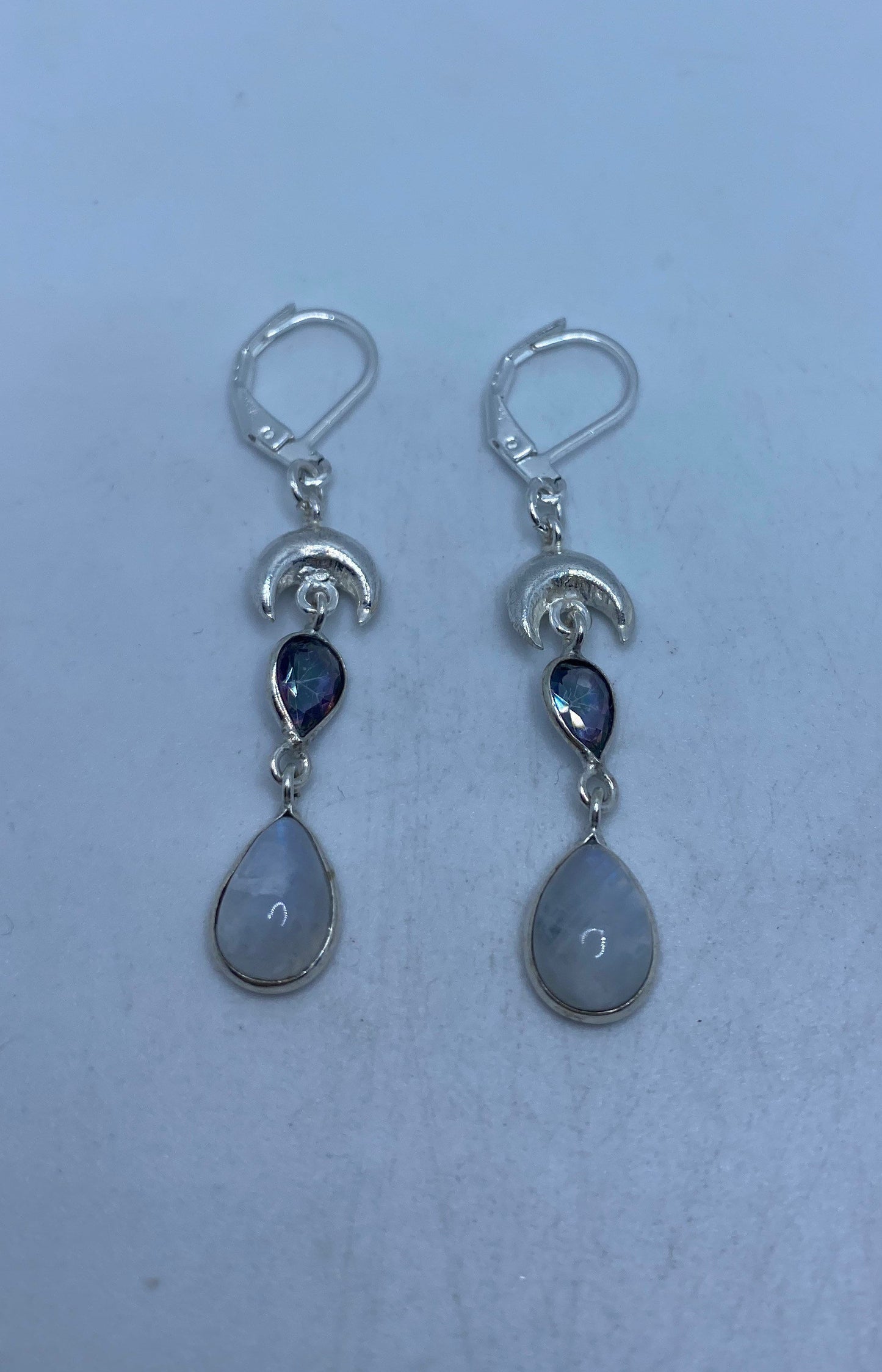 Vintage Rainbow Moonstone Sterling Silver Lever Back Dangle Earrings