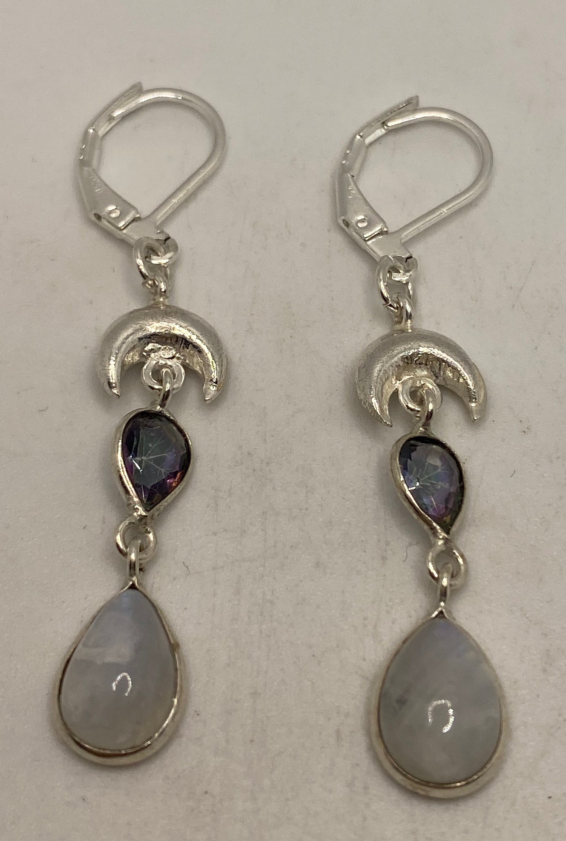 Vintage Rainbow Moonstone Sterling Silver Lever Back Dangle Earrings