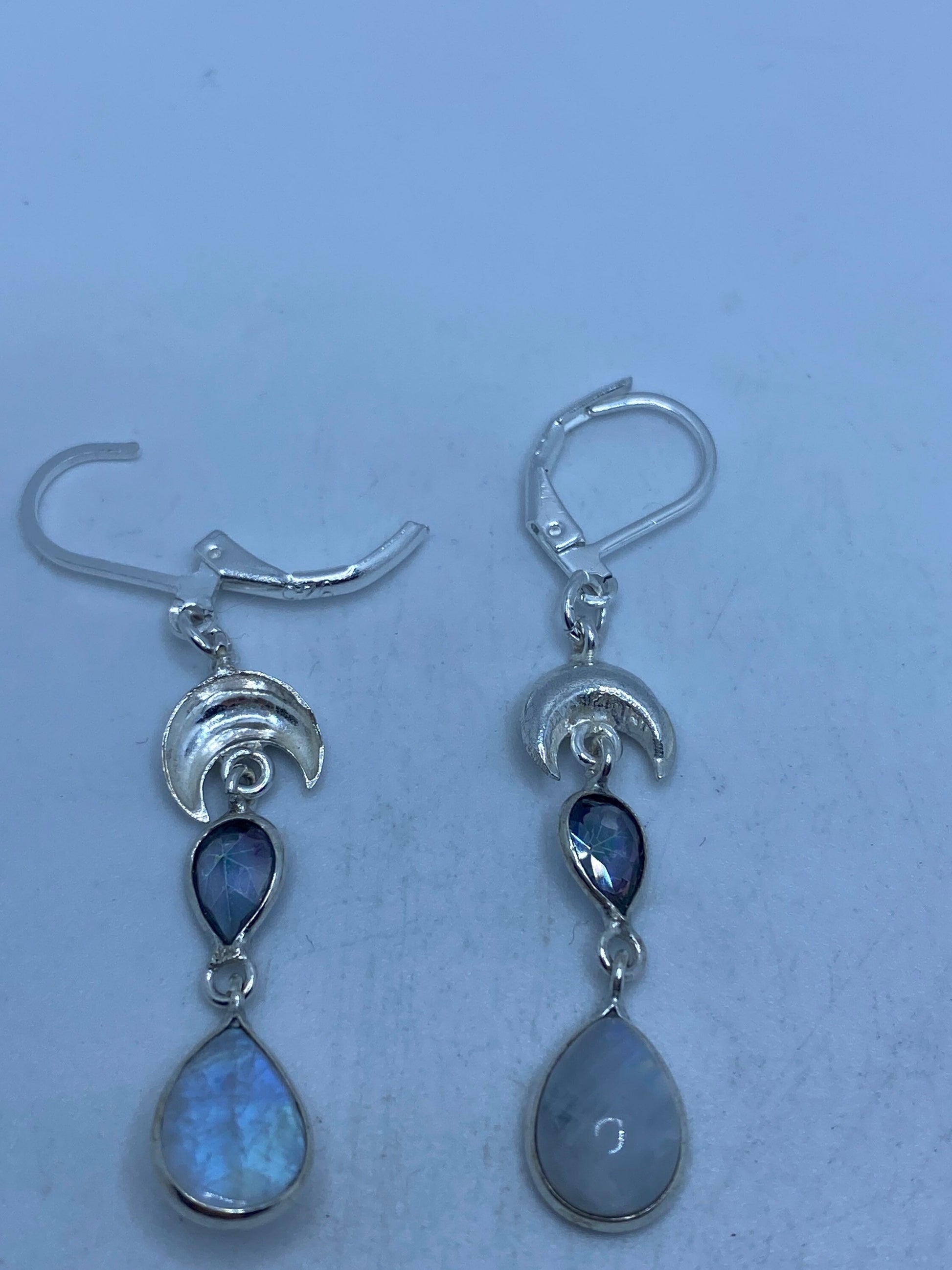 Vintage Rainbow Moonstone Sterling Silver Lever Back Dangle Earrings