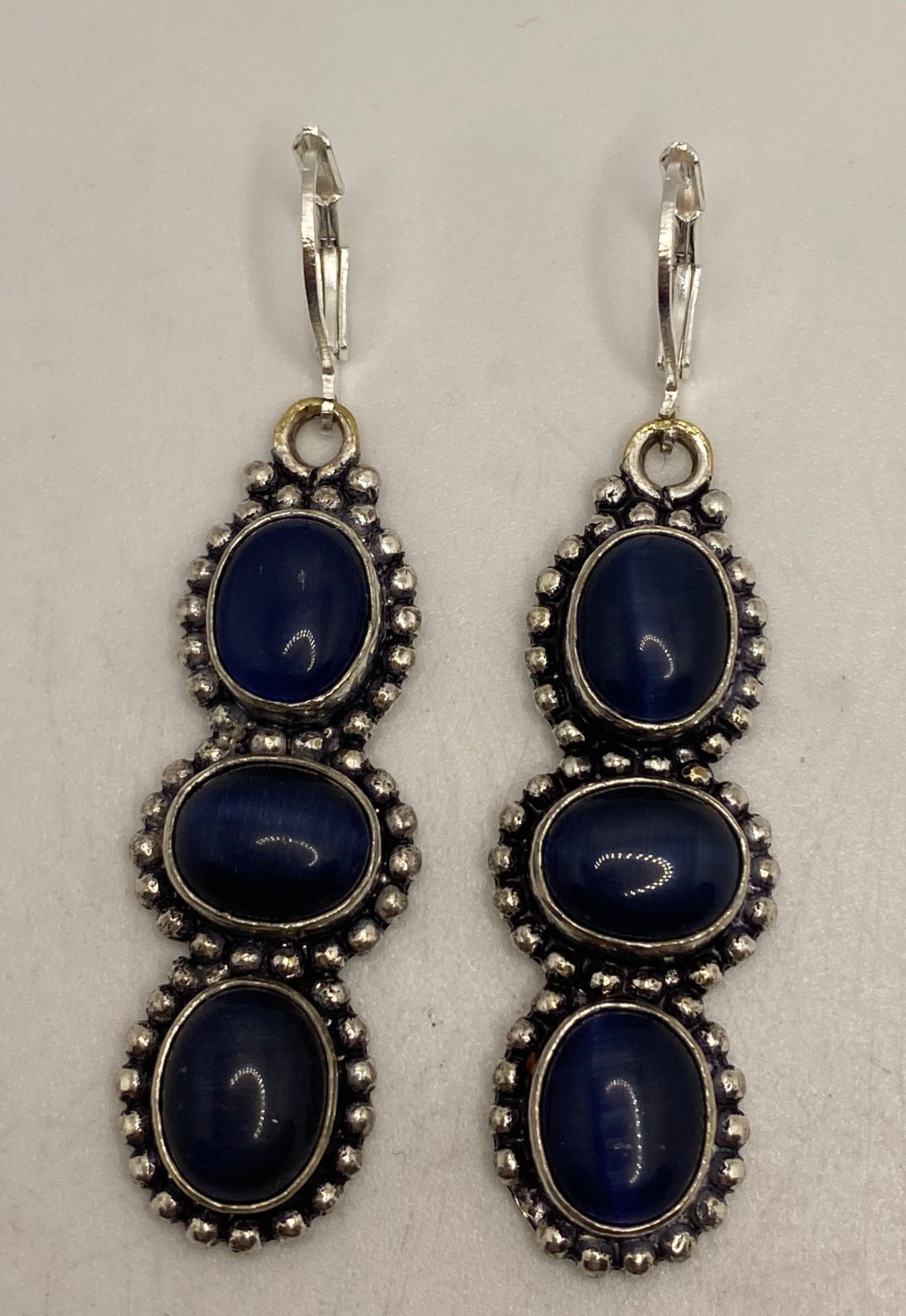 Vintage Sterling Silver Blue lab Cats Eye Earrings