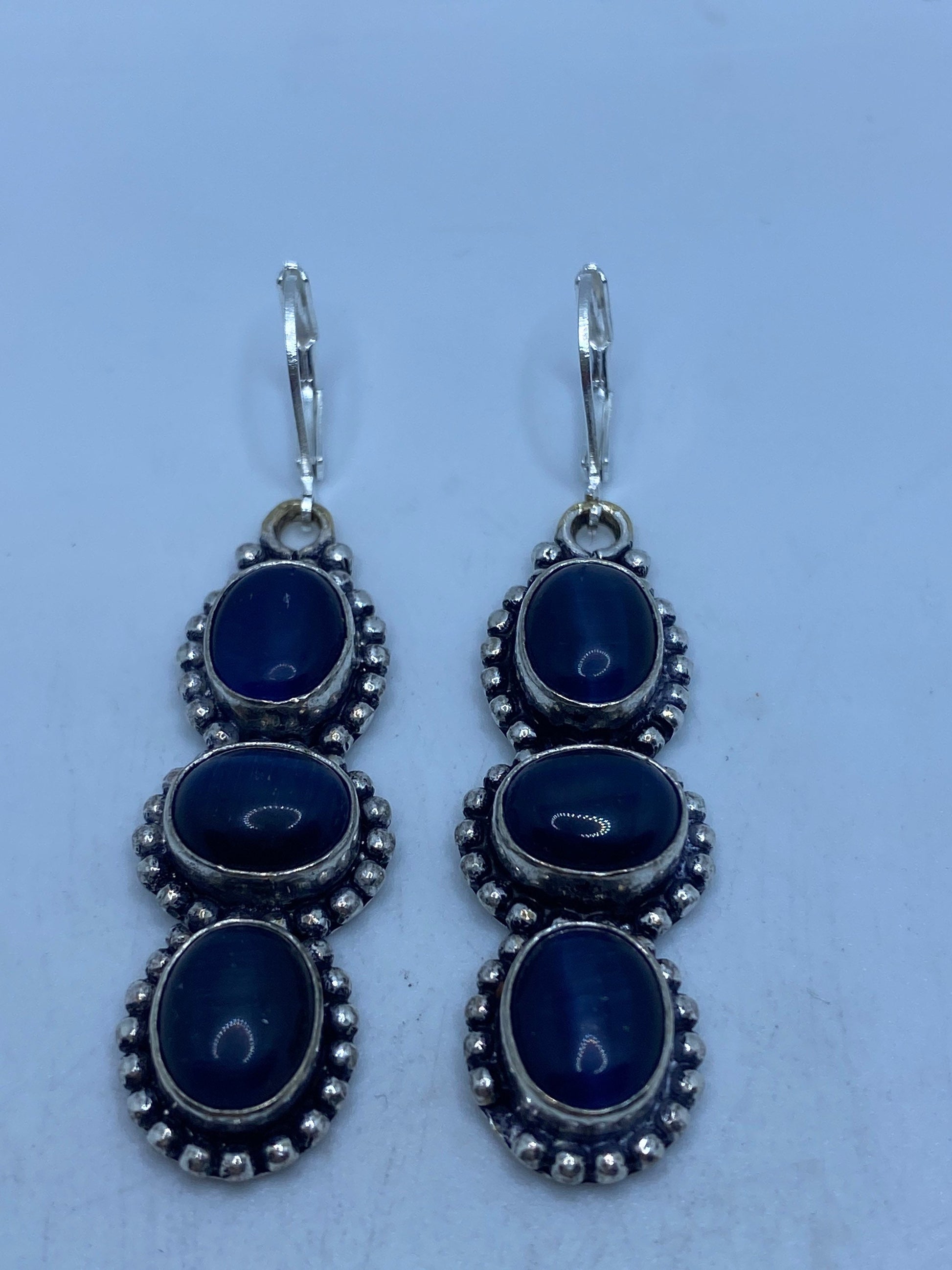 Vintage Sterling Silver Blue lab Cats Eye Earrings