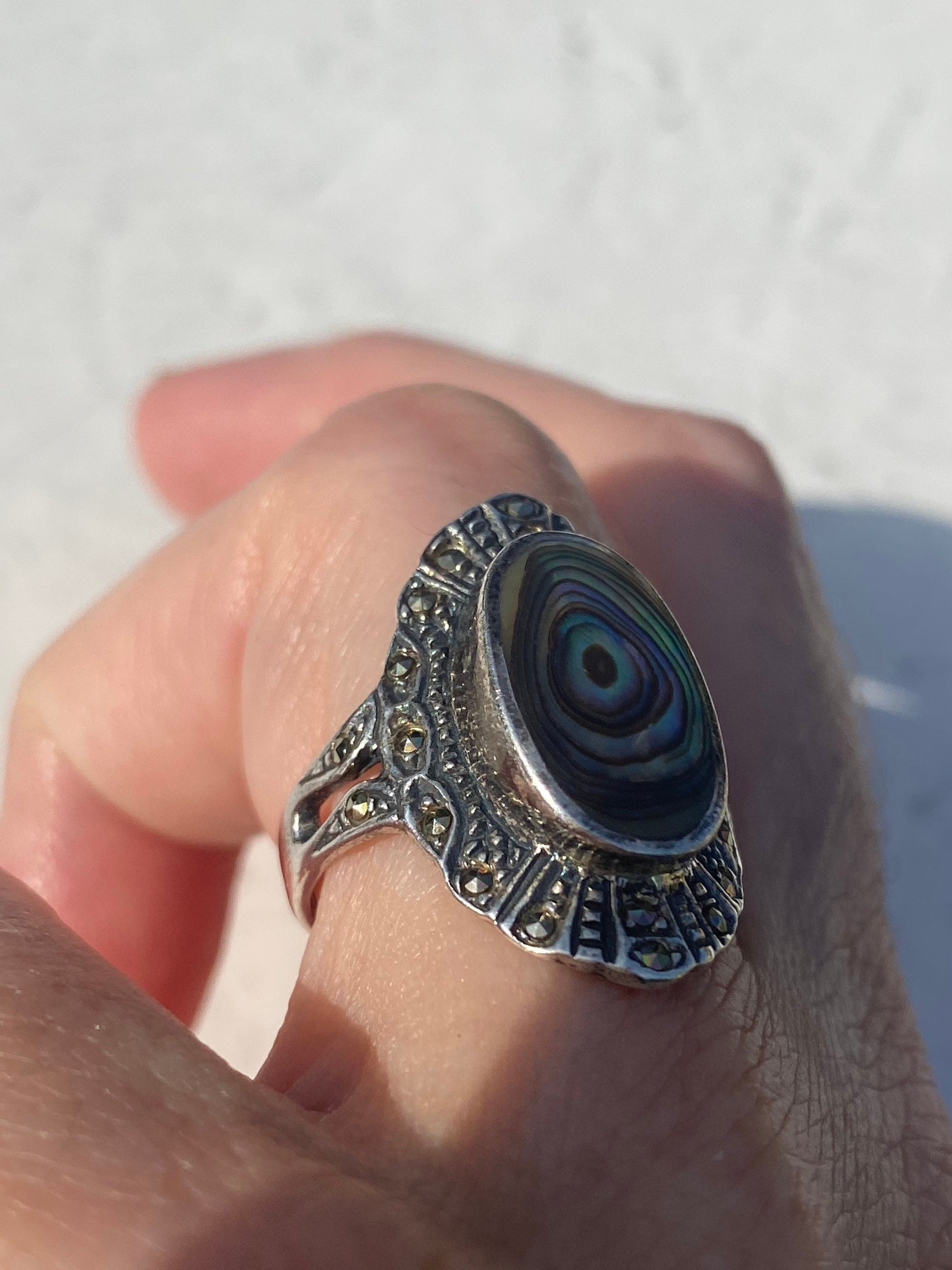 Antique Green Abalone Marcasite 925 Sterling Silver Ring