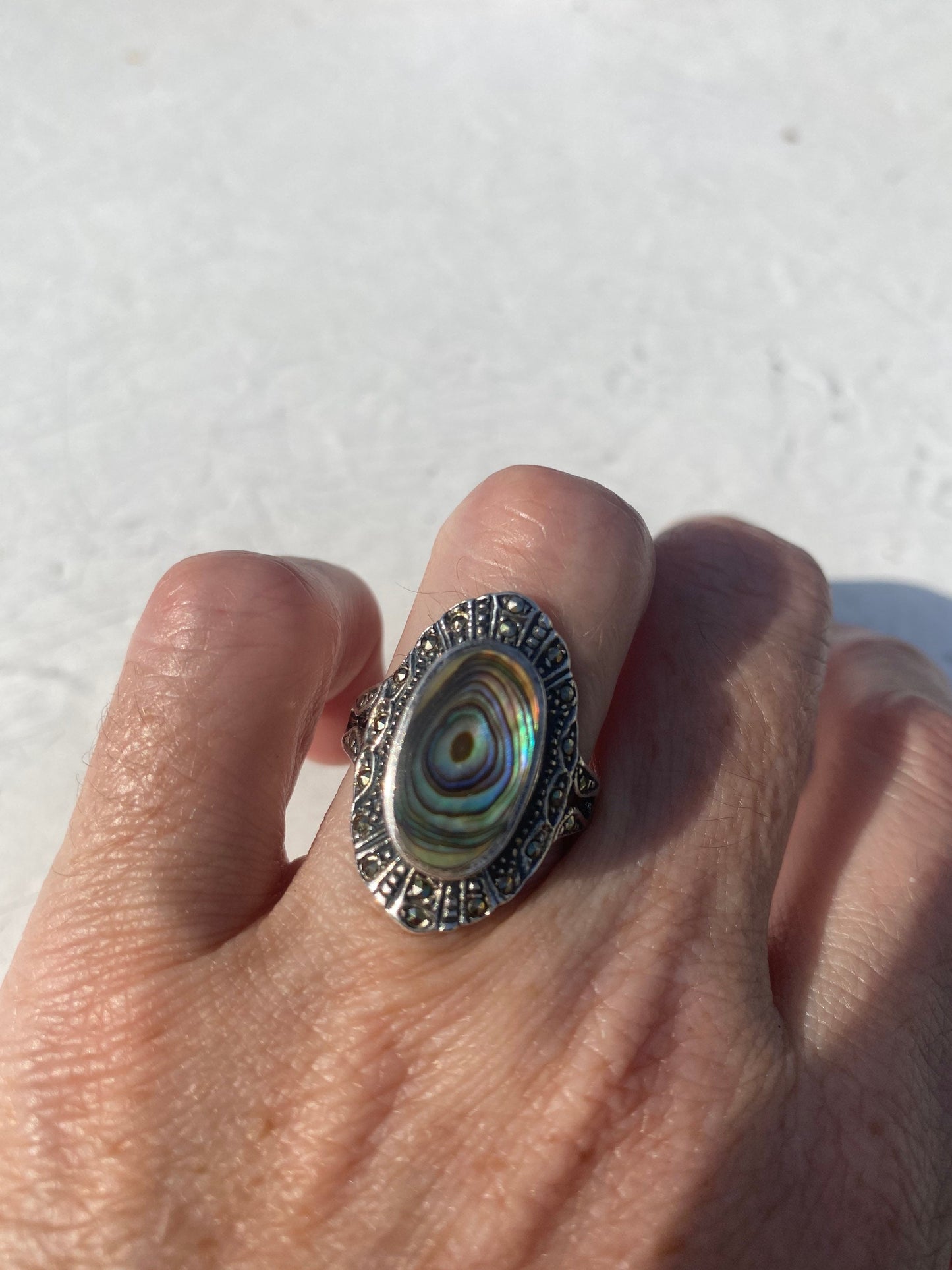 Antique Green Abalone Marcasite 925 Sterling Silver Ring