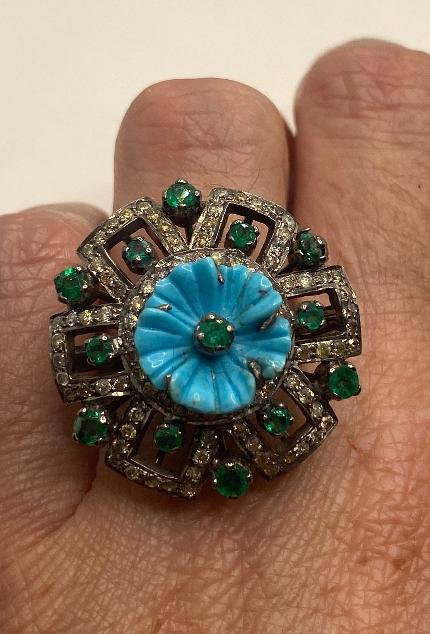 Vintage Persian Turquoise Emerald Campaign Diamond Cocktail Ring 925 Sterling Silver Size 7