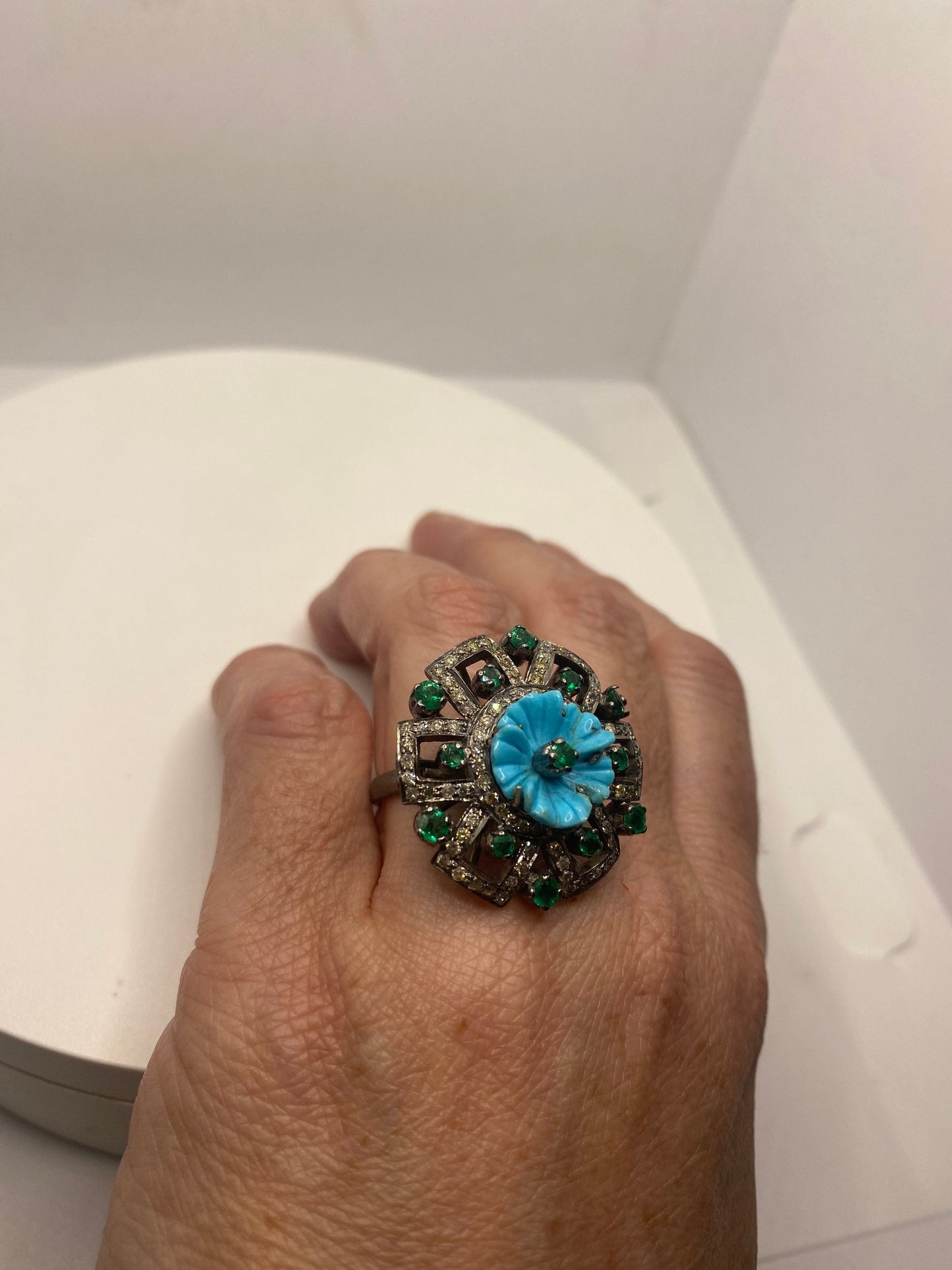 Vintage Persian Turquoise Emerald Campaign Diamond Cocktail Ring 925 Sterling Silver Size 7